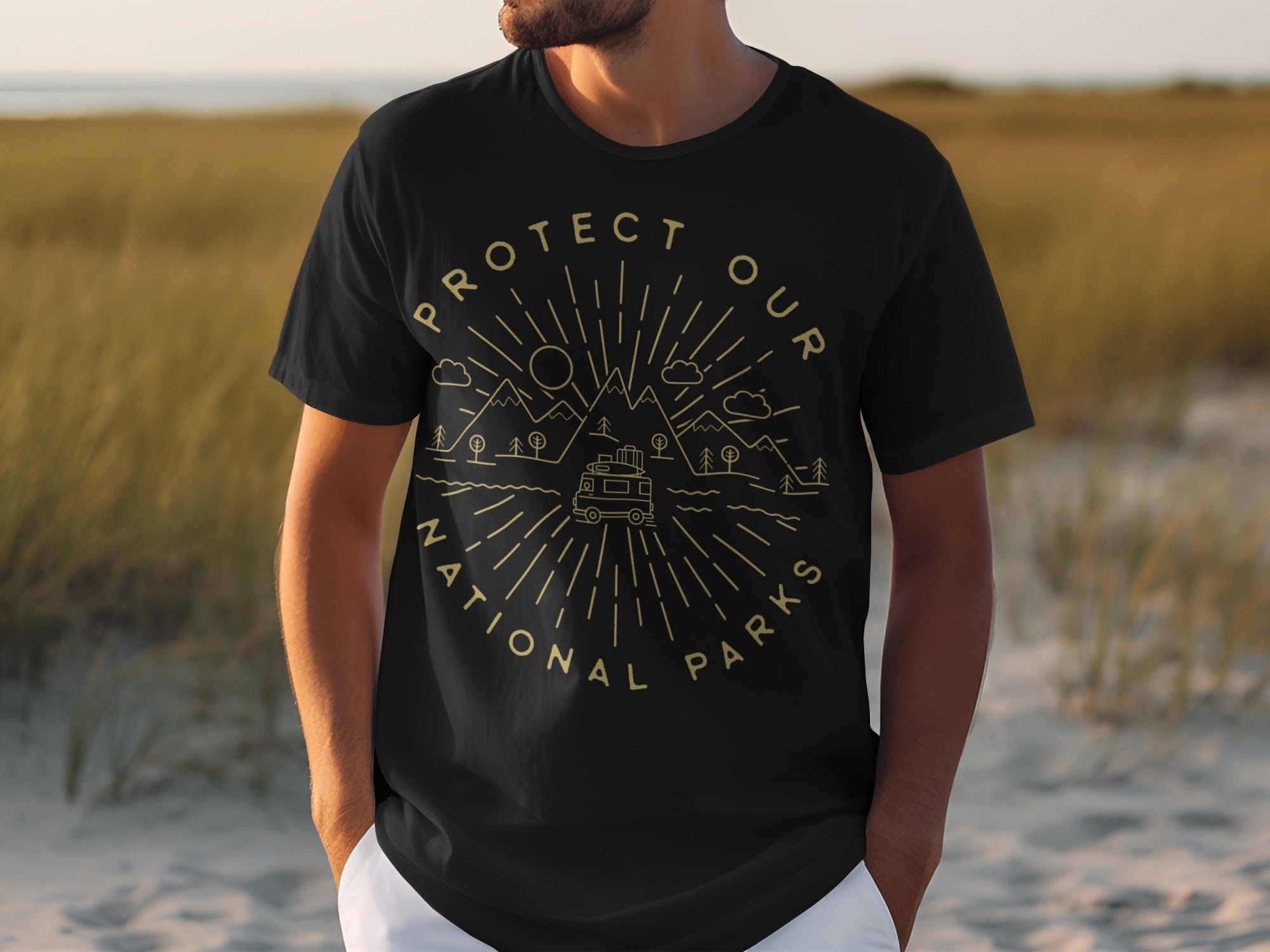 Black t-shirt with "Protect Our National Parks" text and sunburst nature graphic.
