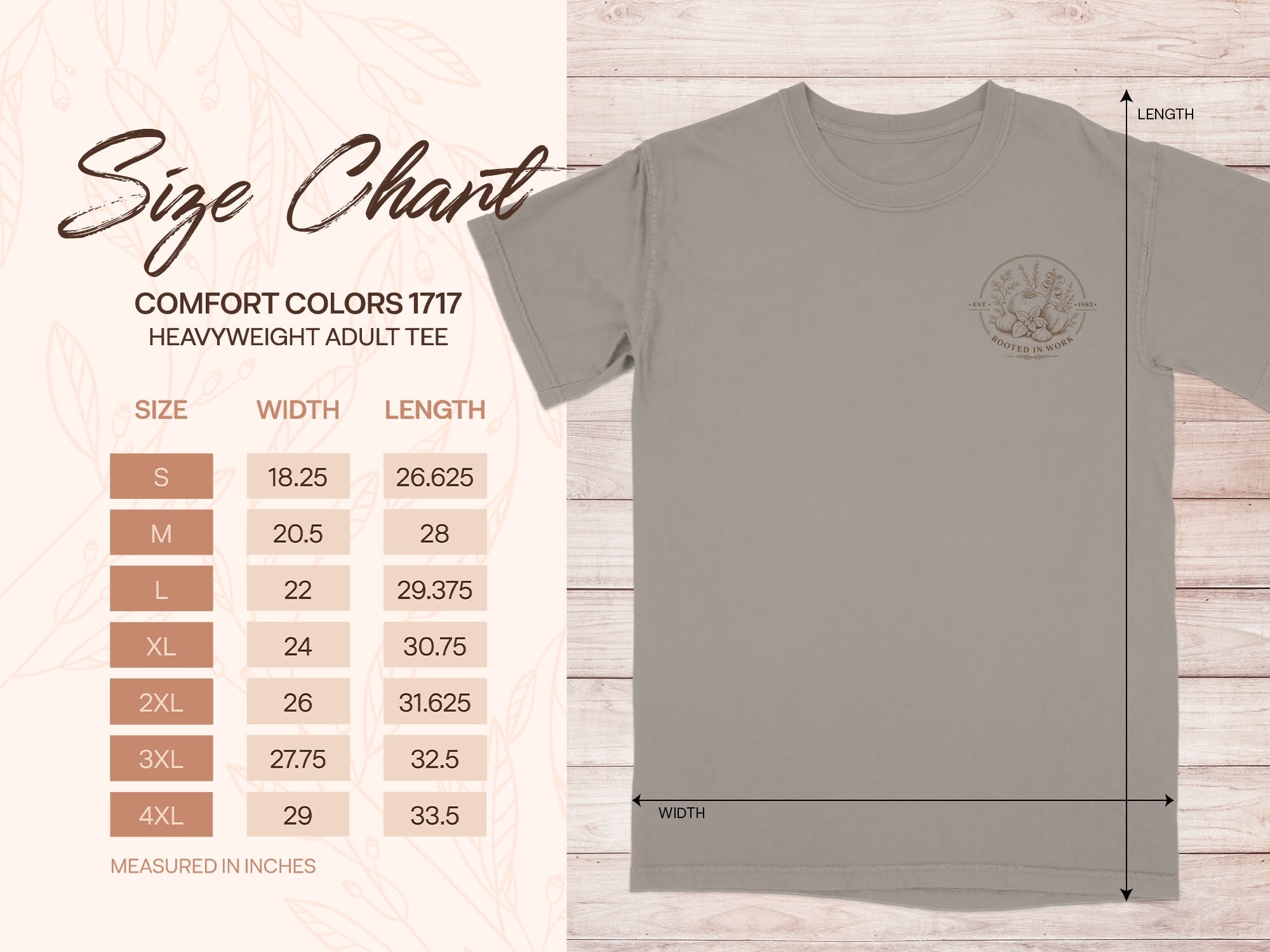 Size chart for Comfort Colors 1717 heavyweight adult tee, measured in inches.