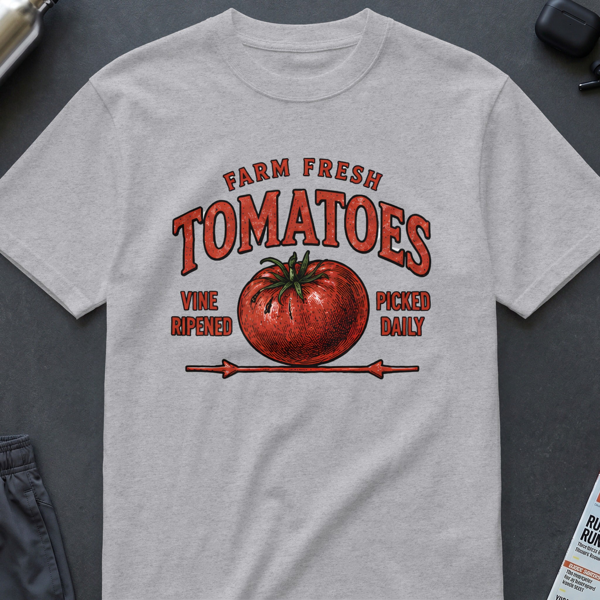 Grey t-shirt with "Farm Fresh Tomatoes" graphic and a tomato illustration.