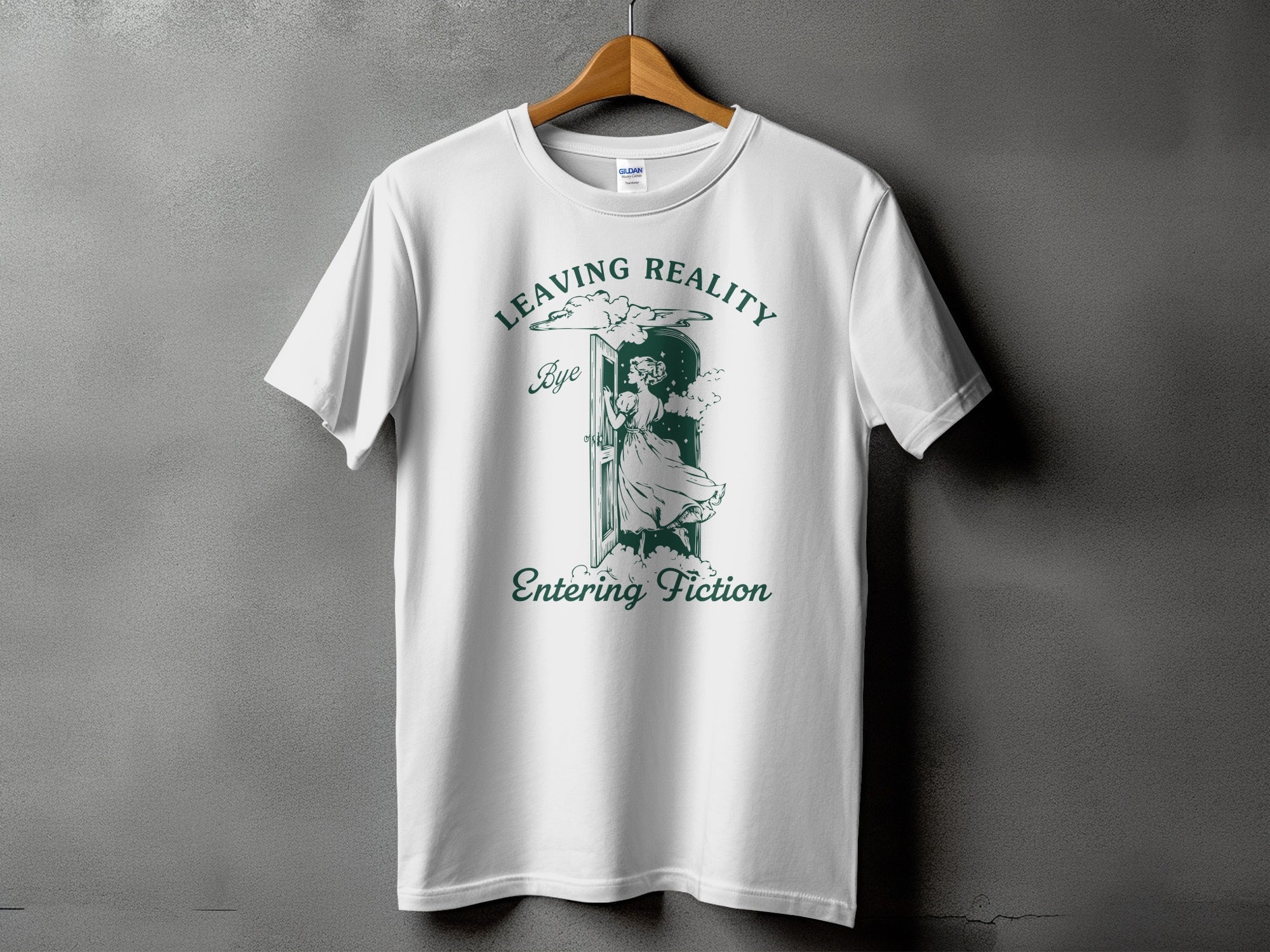 White t-shirt with green text "Leaving Reality" and woman entering door.