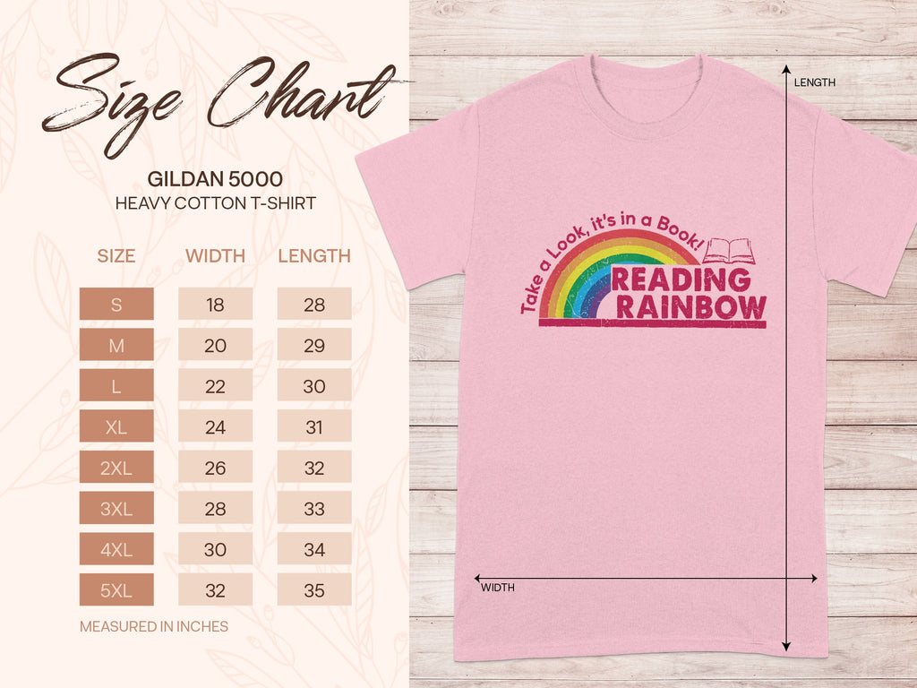 Gildan 5000 size chart for heavy cotton t-shirt with width and length measurements.