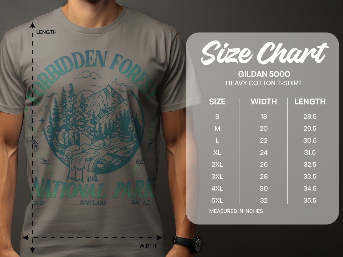 Gildan 5000 t-shirt size chart showing width and length measurements in inches.