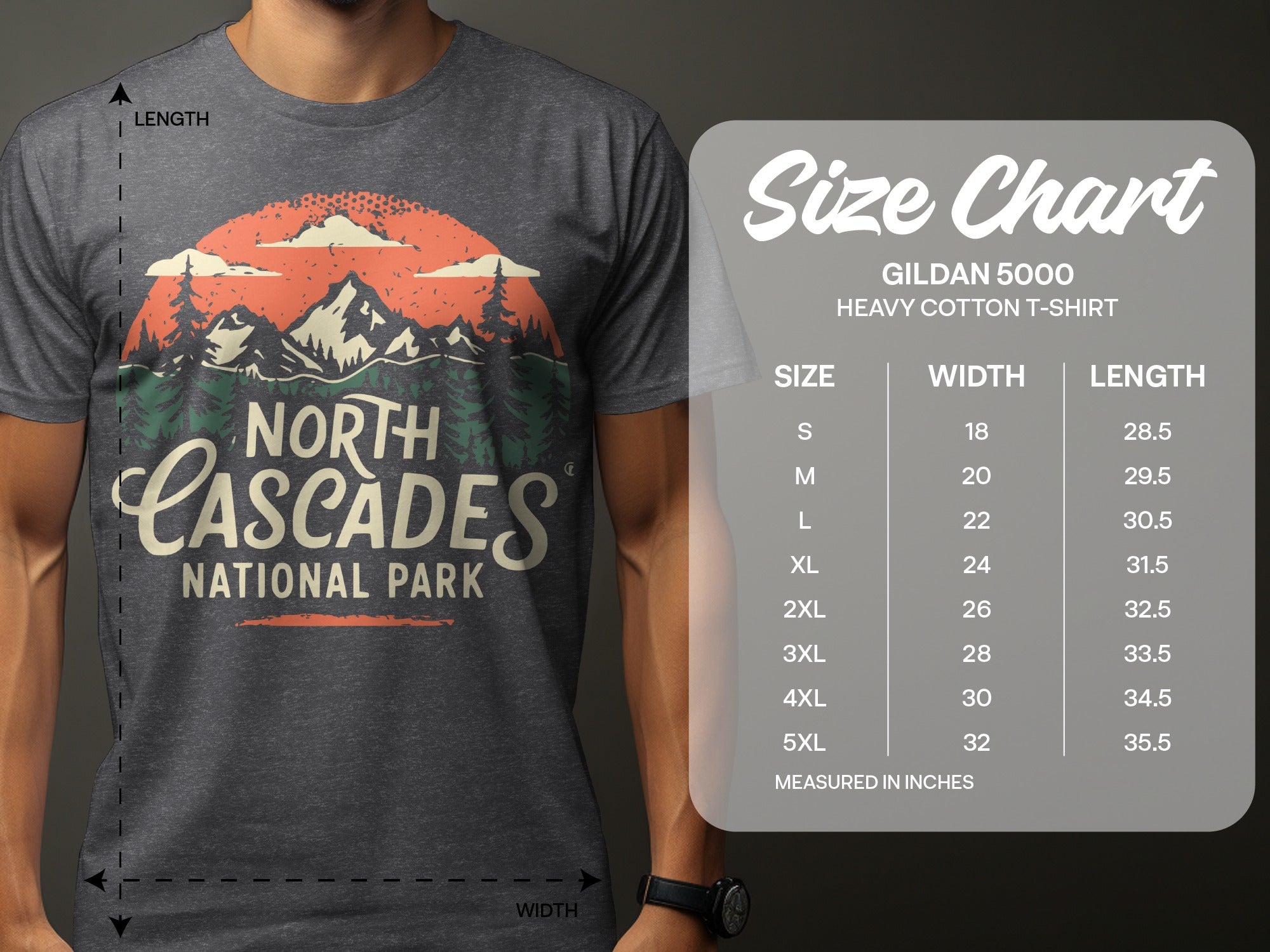 Gildan 5000 heavy cotton t-shirt size chart with width and length measurements.