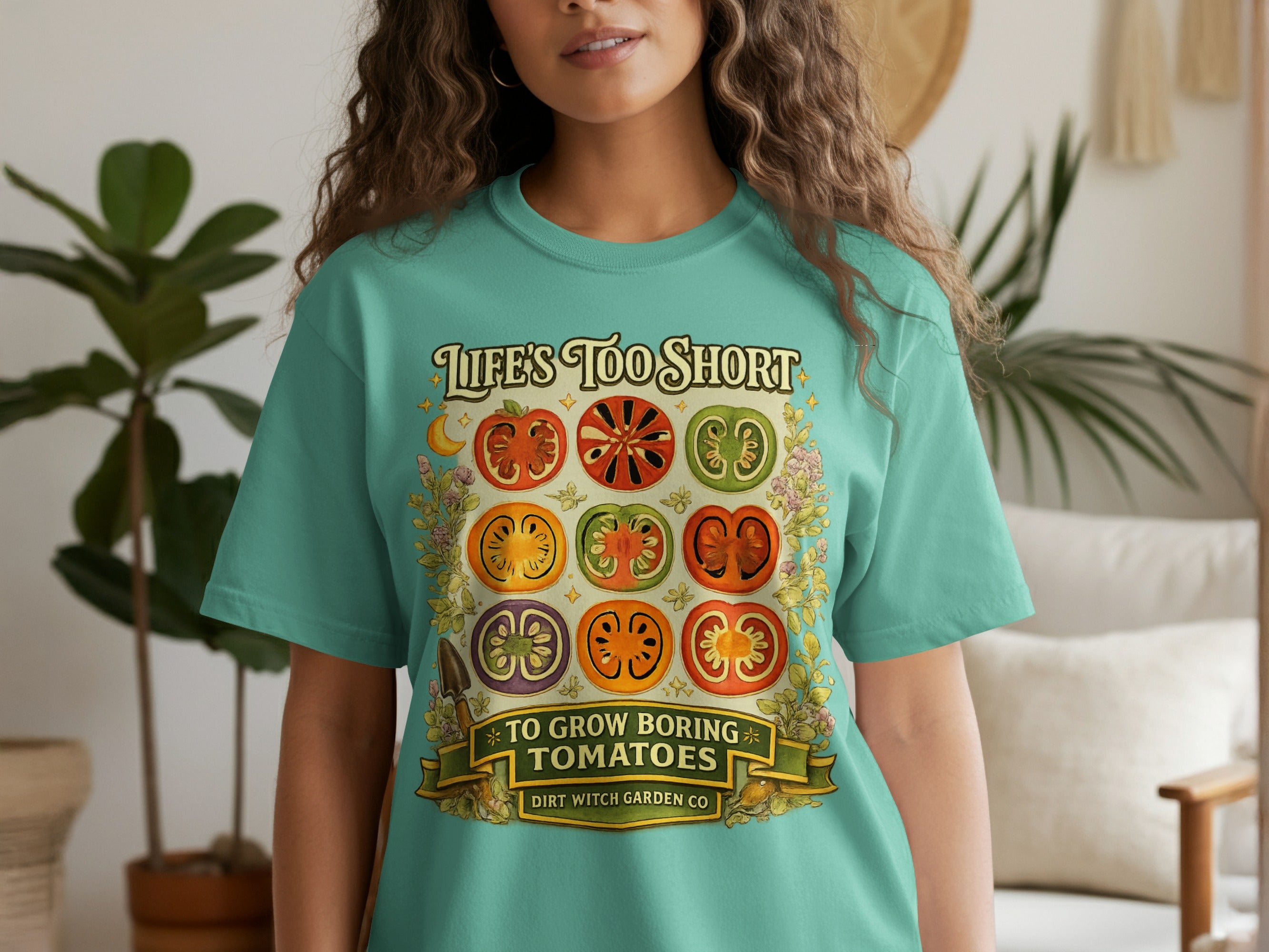 T-shirt with "Life's Too Short To Grow Boring Tomatoes" and nine tomato cross-sections.