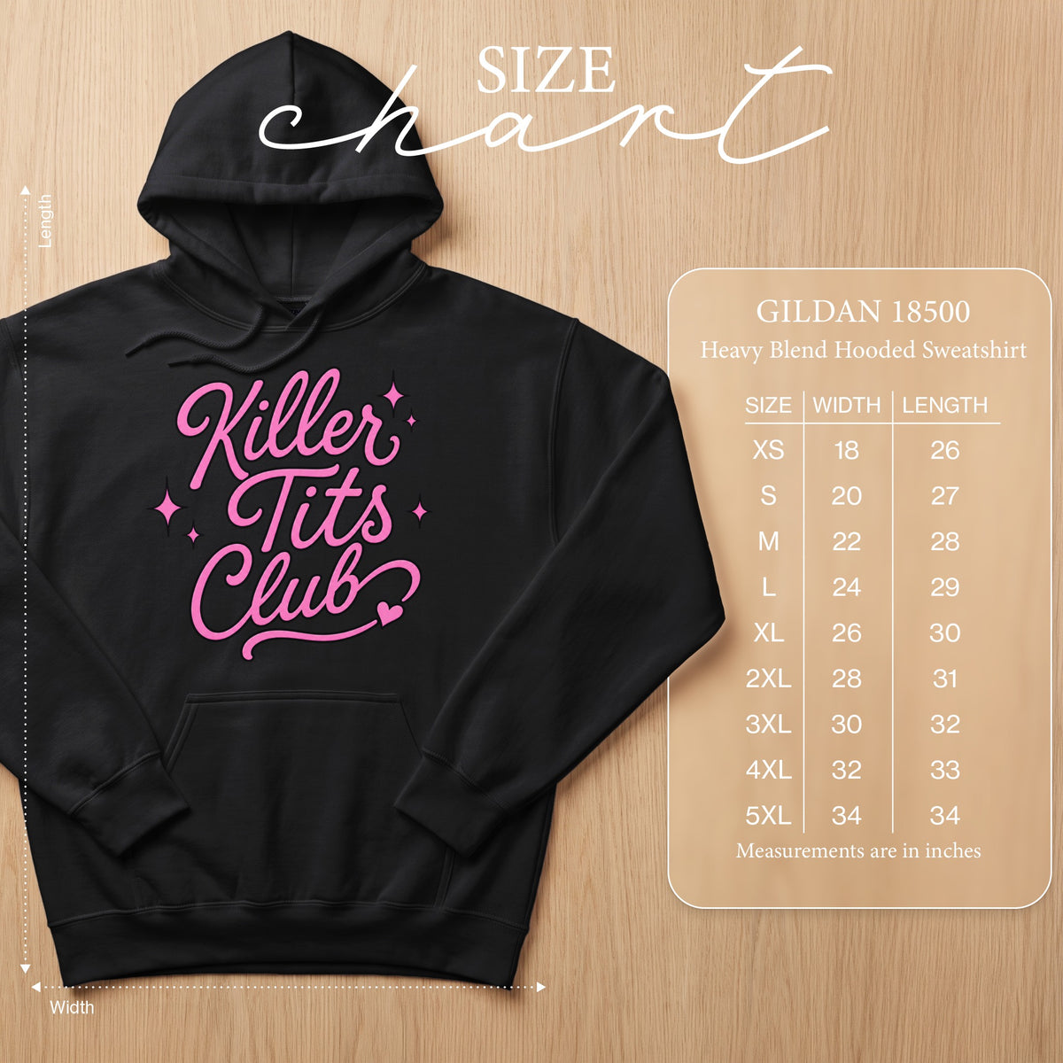 Black Gildan 18500 hooded sweatshirt with pink "Killer Tits Club" graphic and size chart.