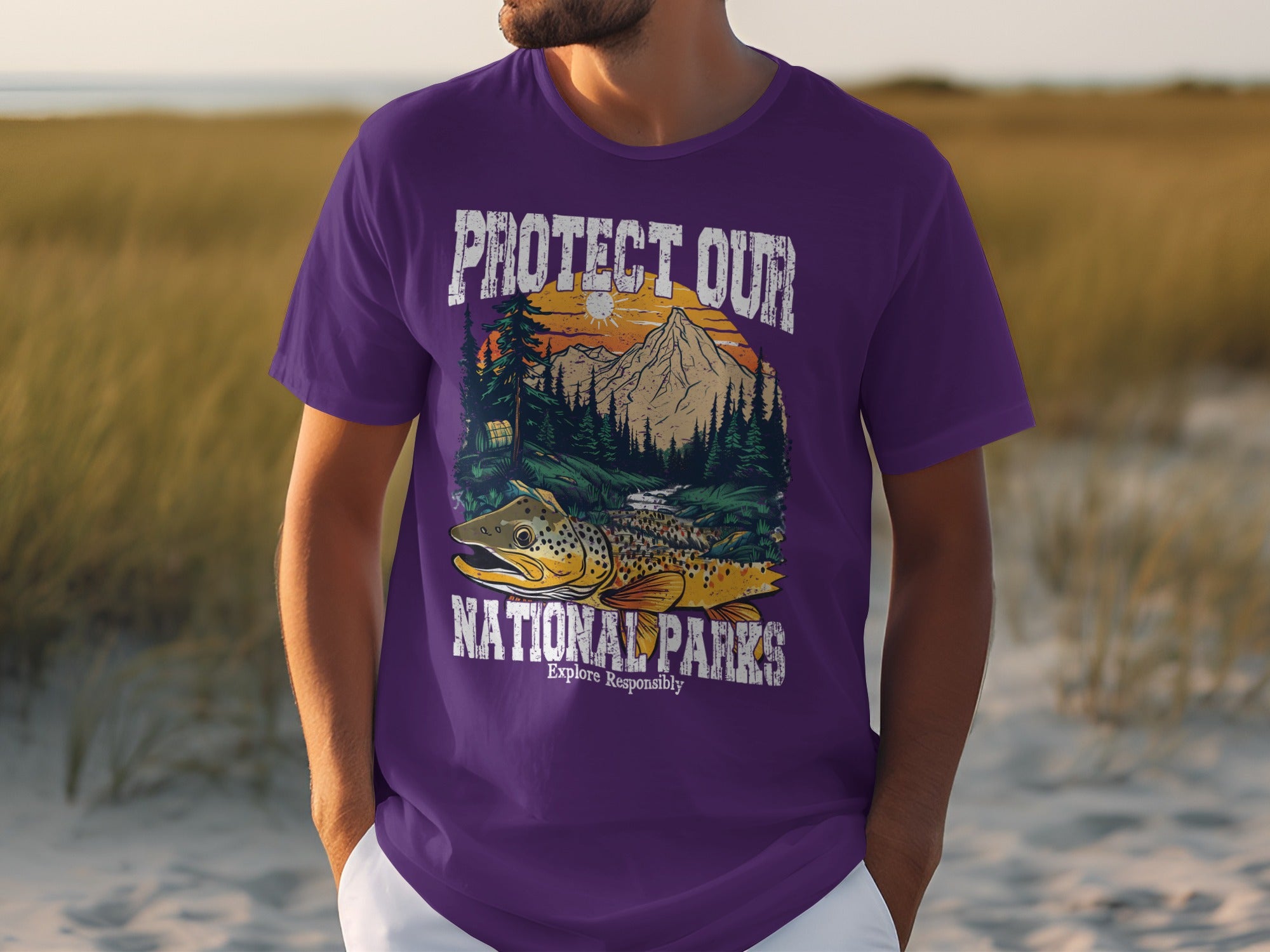 Purple t-shirt with graphic reading "Protect Our National Parks" and a trout.