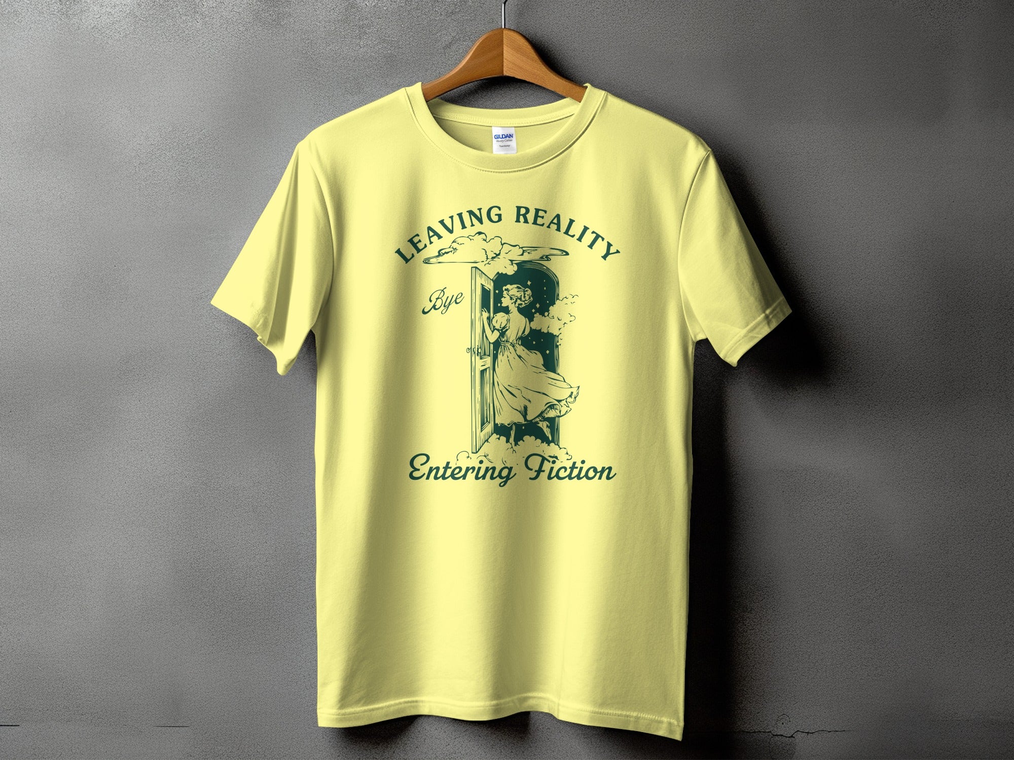 Yellow t-shirt with "Leaving Reality, Bye, Entering Fiction" graphic.