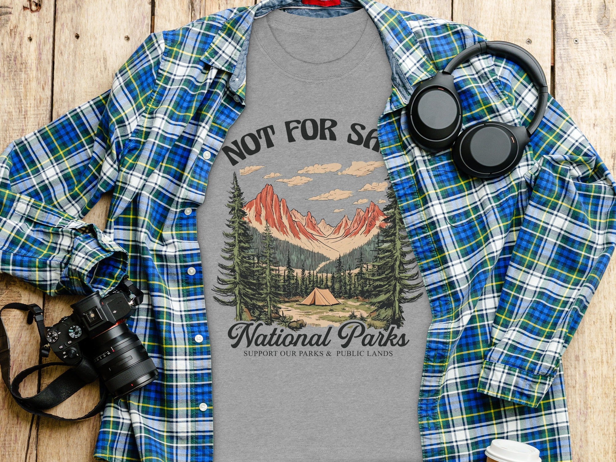 Grey t-shirt with "NOT FOR SH..." and National Parks text, featuring mountain and camping scene.
