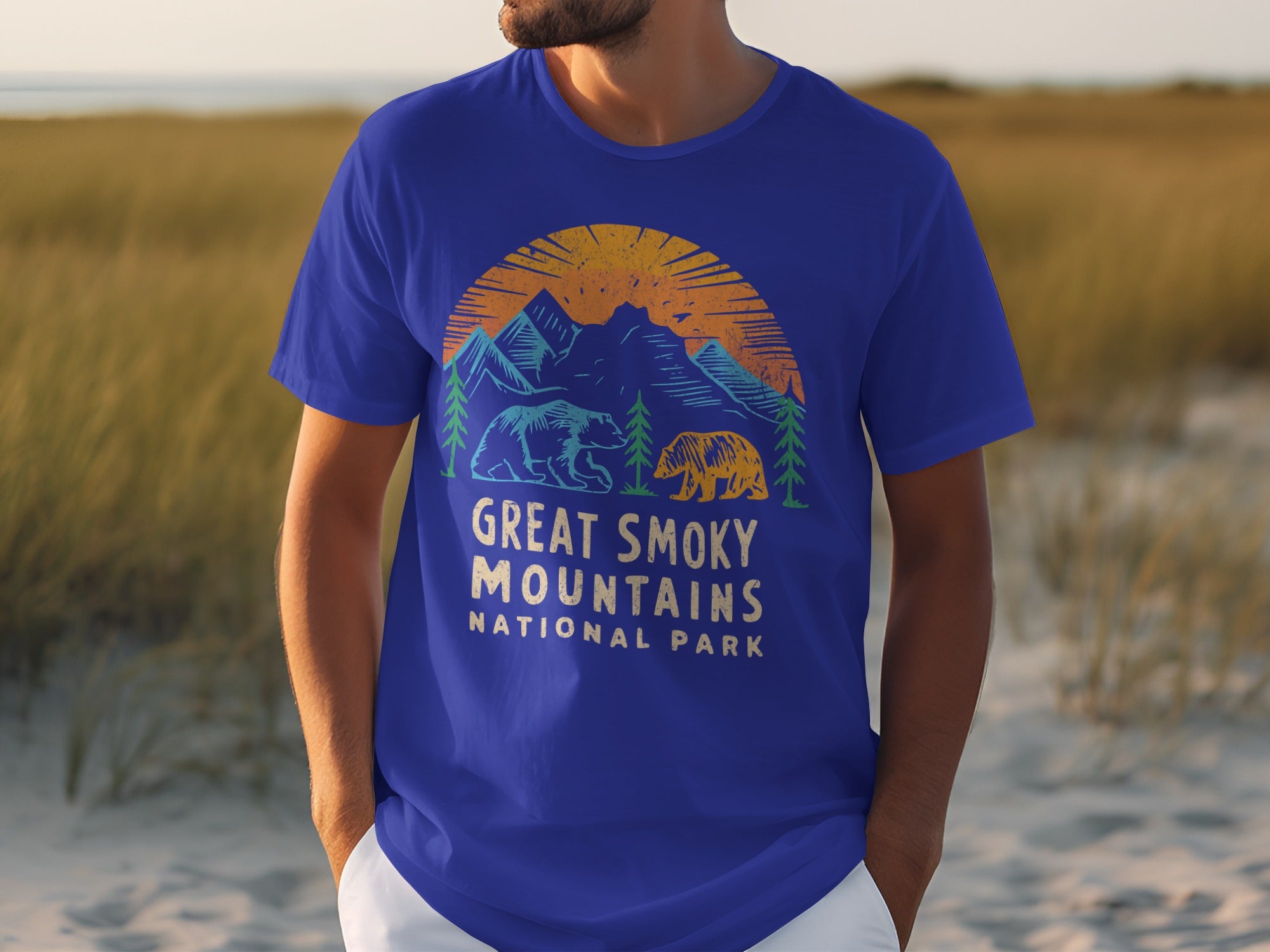 Blue t-shirt with distressed graphic: Great Smoky Mountains National Park with bears and mountains.