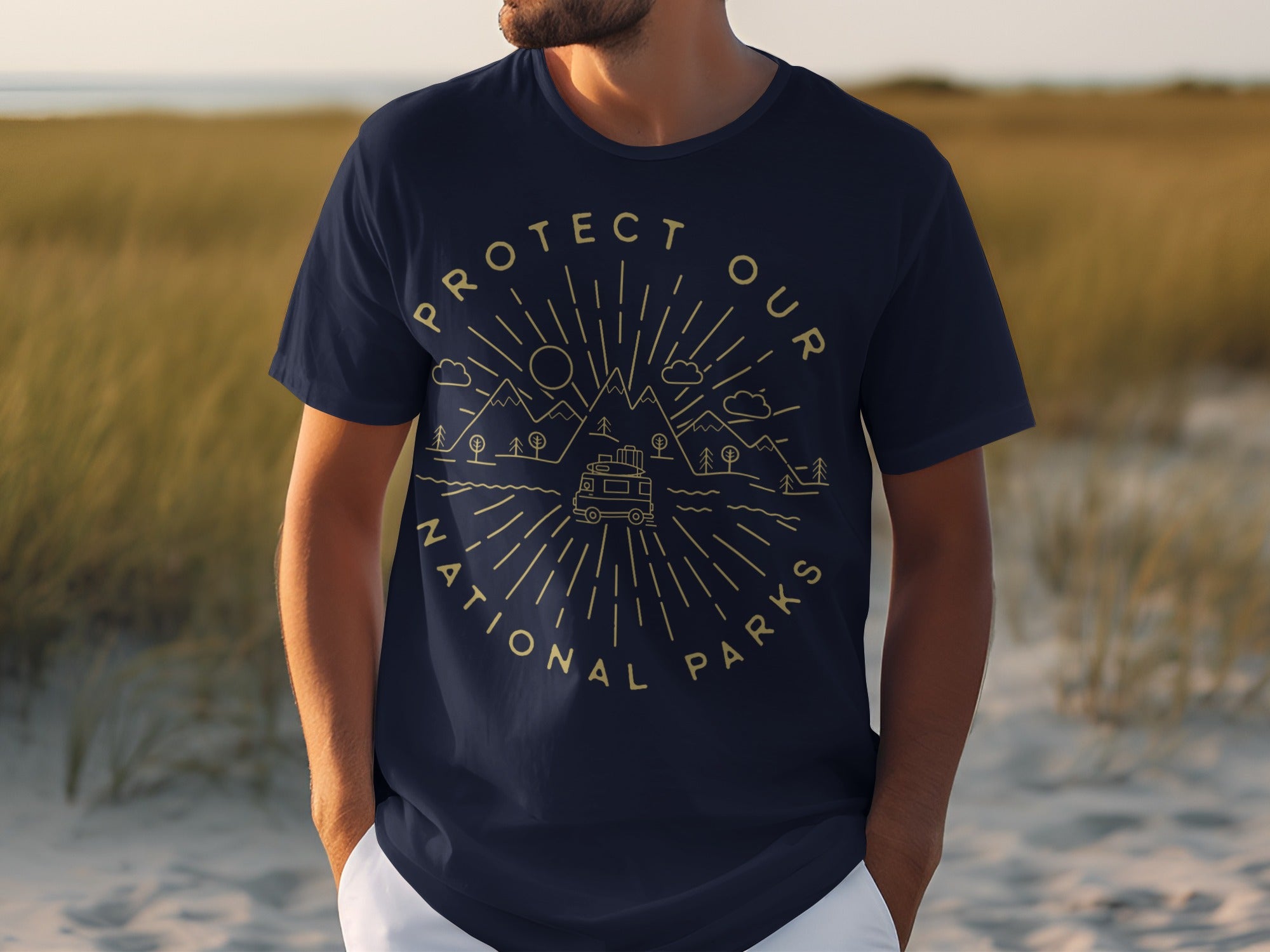 Navy t-shirt with "Protect Our National Parks" text and graphic of mountains, trees, and camper van.