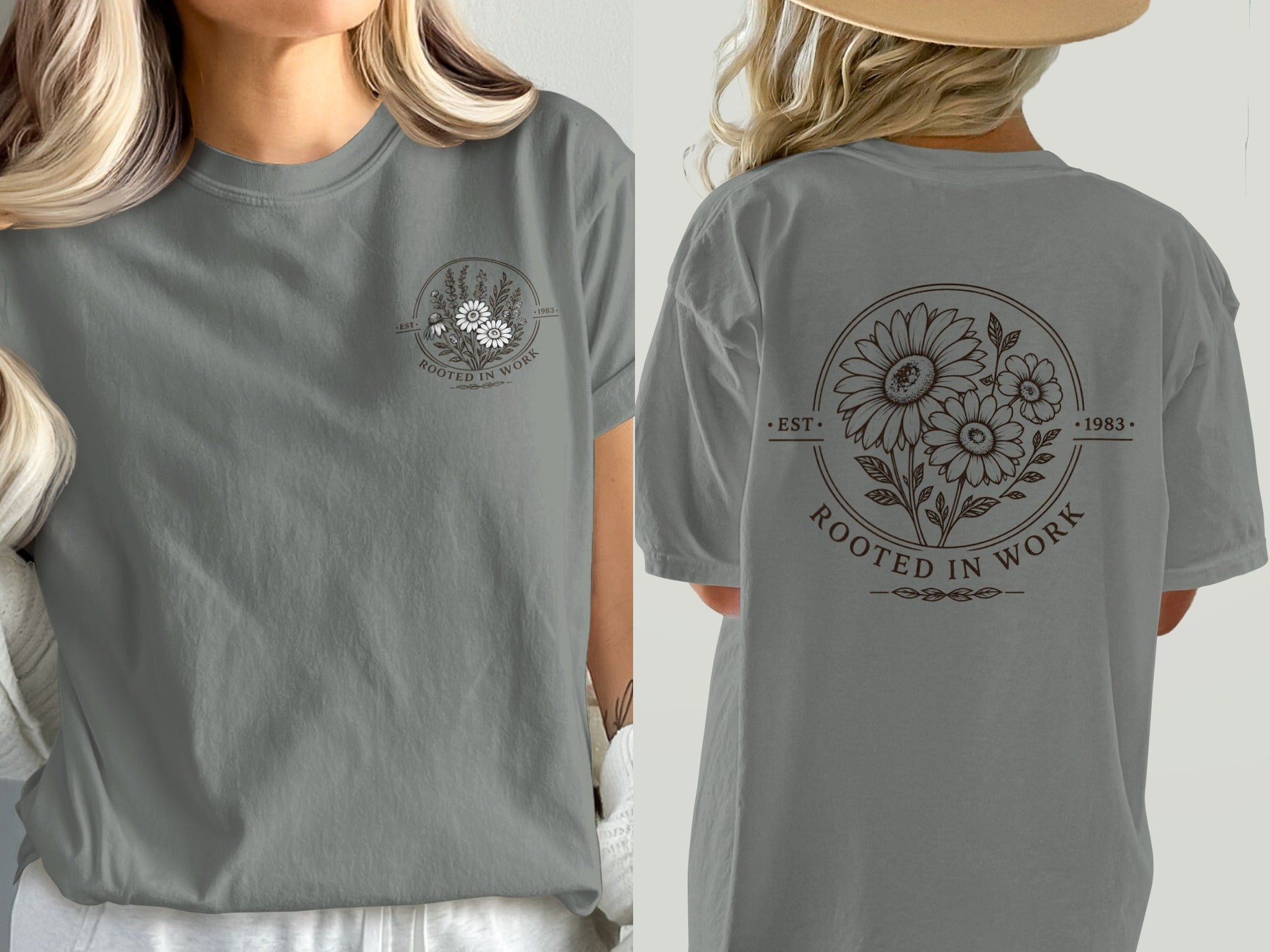 Gray t-shirt with floral circular design and text "ROOTED IN WORK" and "EST. 1983".