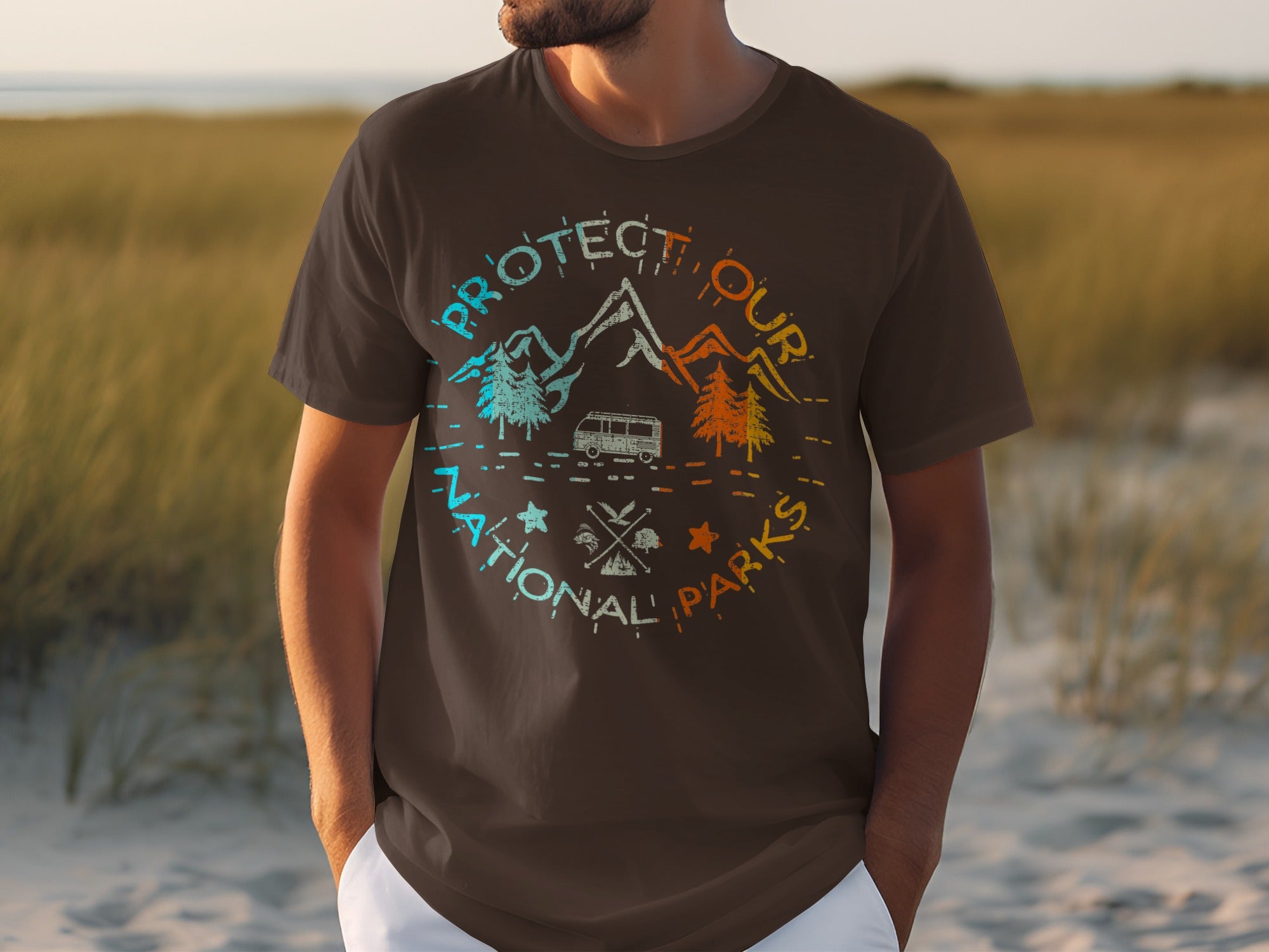 T-shirt with "Protect Our National Parks" graphic and a camper van.