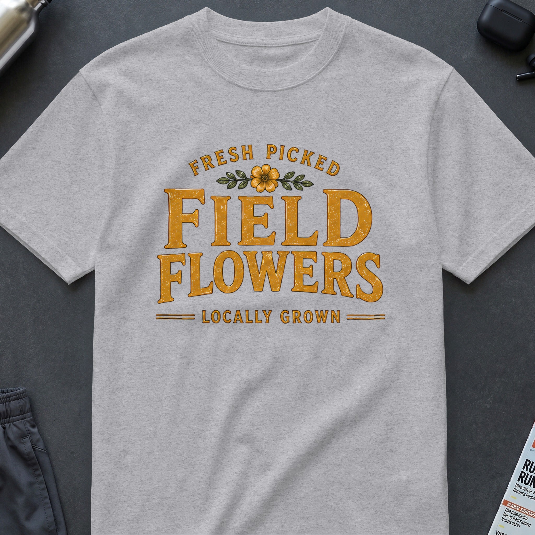 Grey t-shirt with "Fresh Picked Field Flowers Locally Grown" text and floral design.