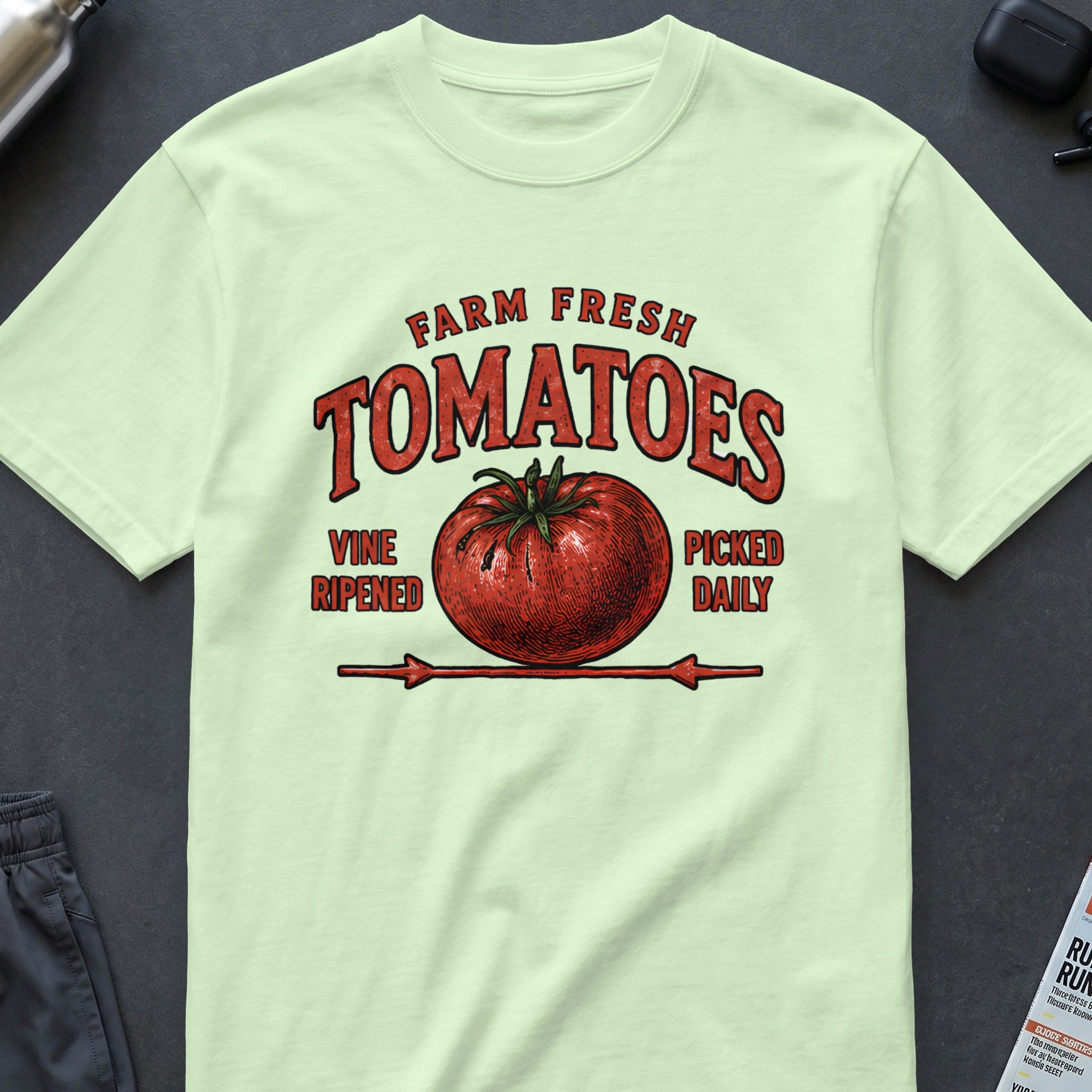 Light green t-shirt with vintage "Farm Fresh Tomatoes" graphic.