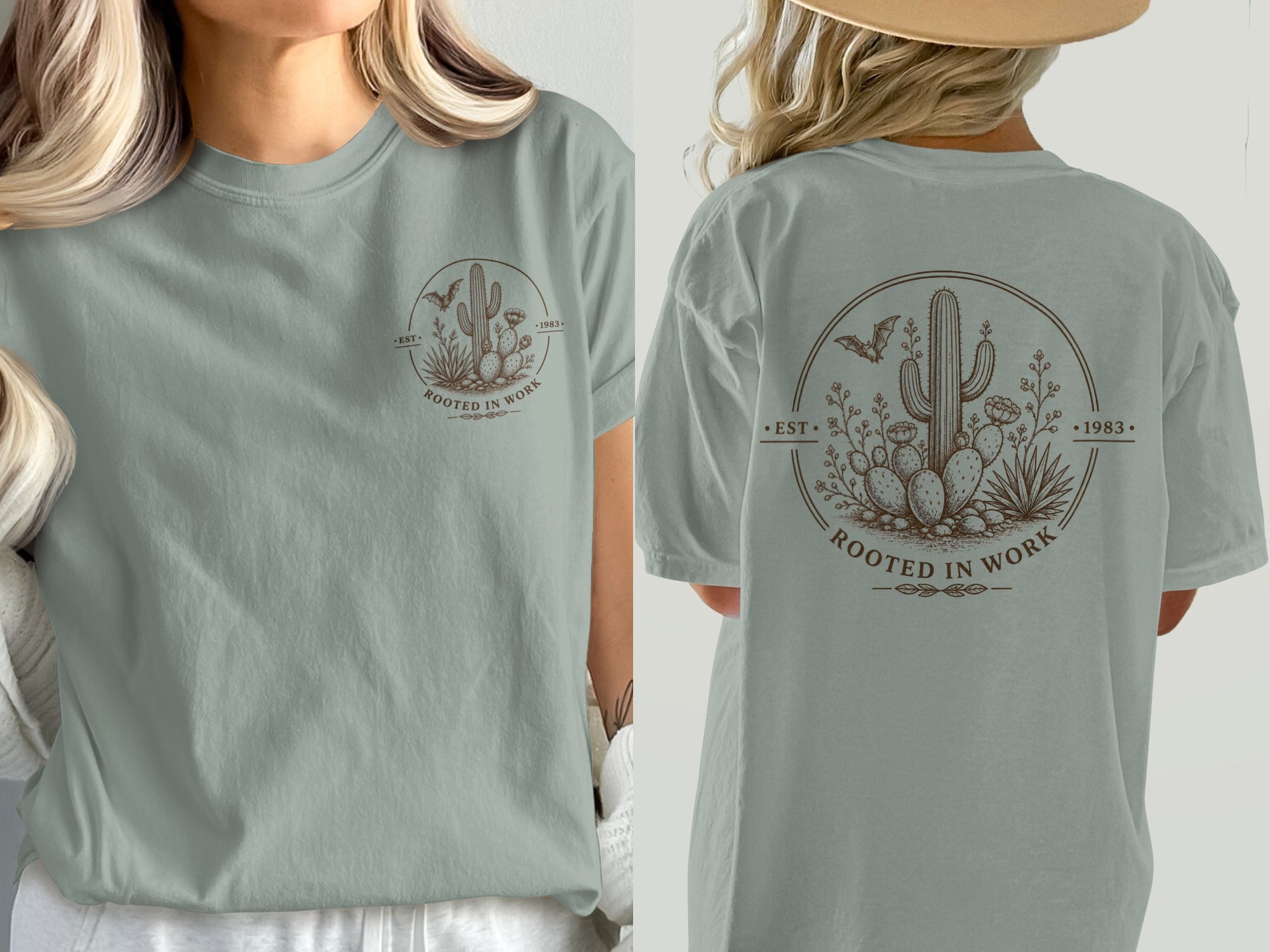 T-shirt with a cactus, bat, and desert plants graphic, reading "Rooted in Work."