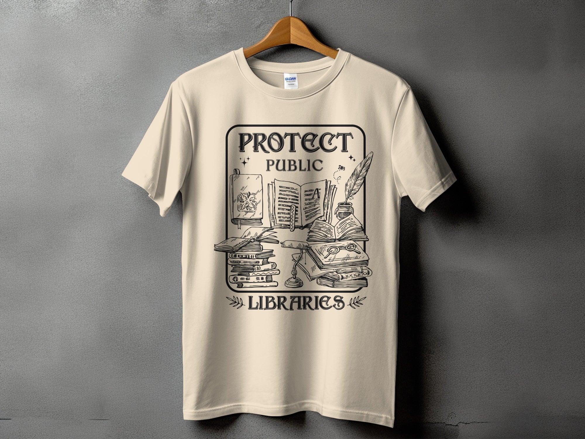 T-shirt graphic reading "Protect Public Libraries" with stacks of books and a quill.