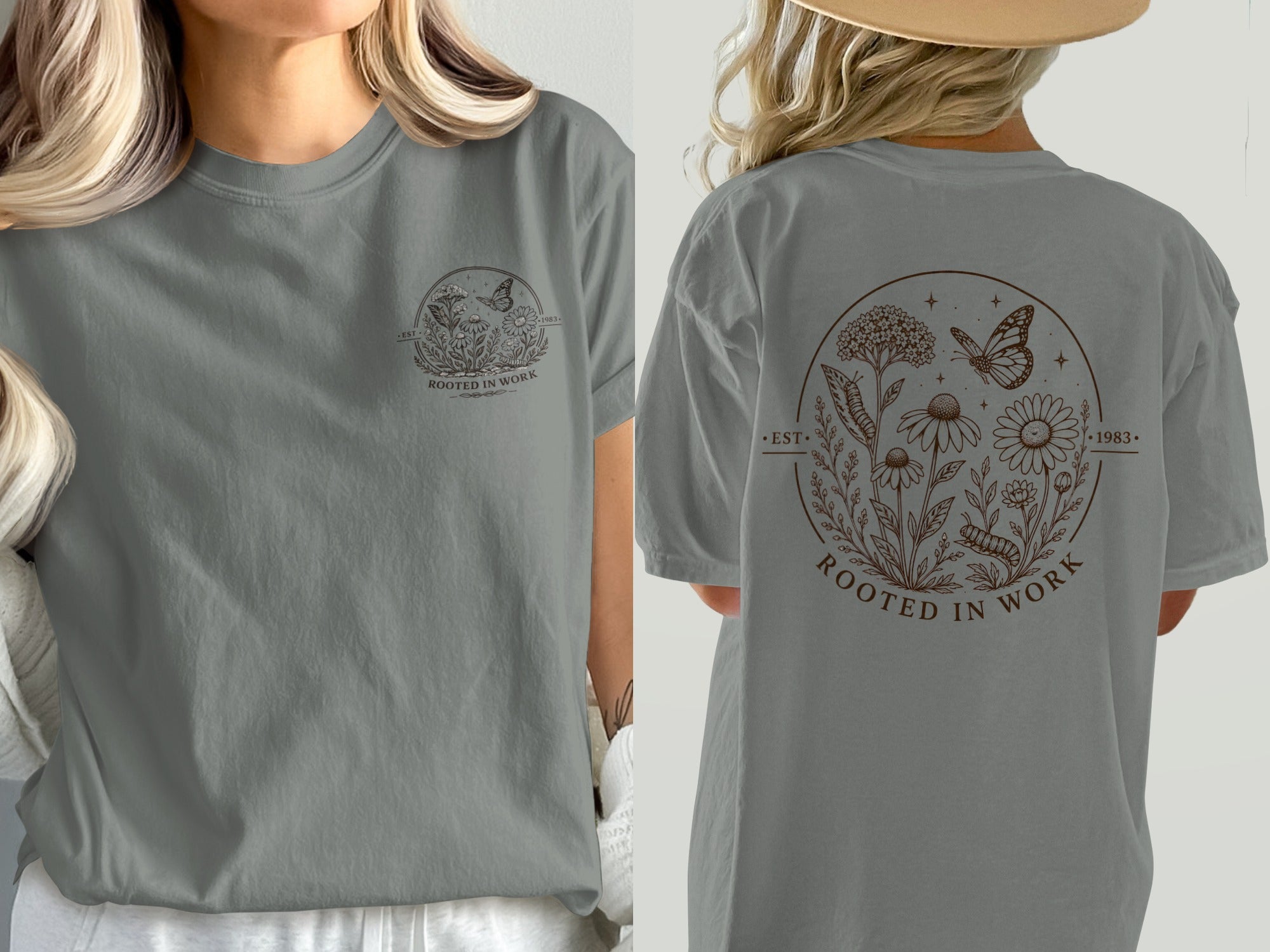 T-shirt with floral graphic, butterfly, caterpillar, and text "Rooted in Work".