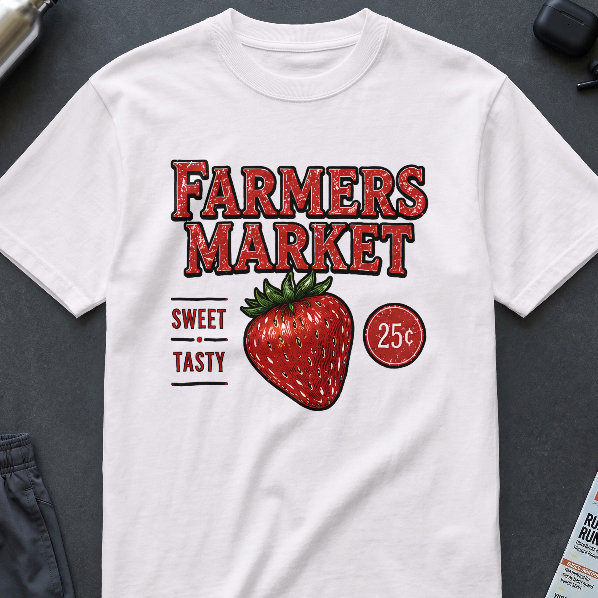 White t-shirt with "Farmers Market" text, strawberry graphic, and "25c" price.