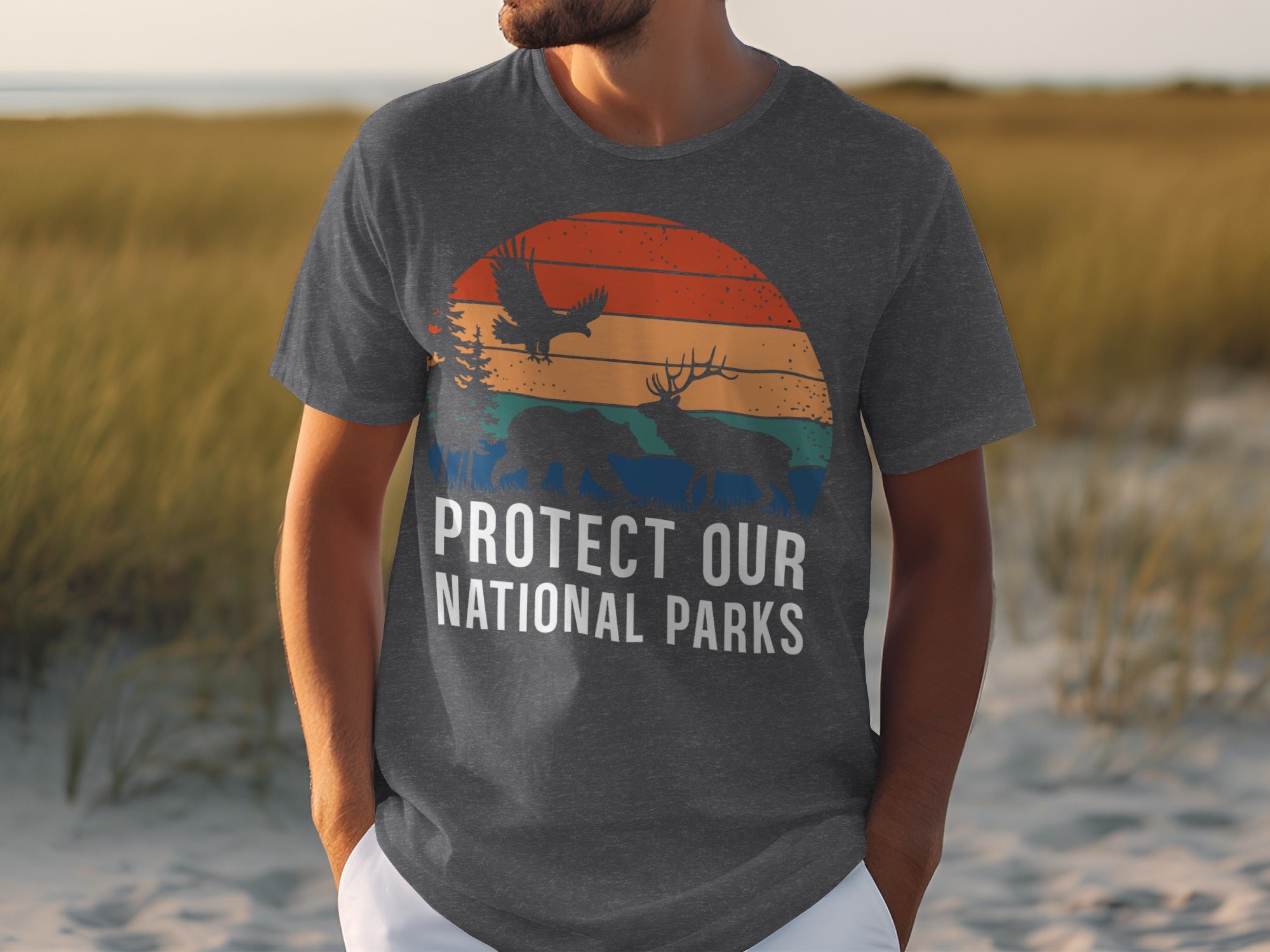 Dark gray t-shirt with "Protect Our National Parks" text and wildlife graphic.