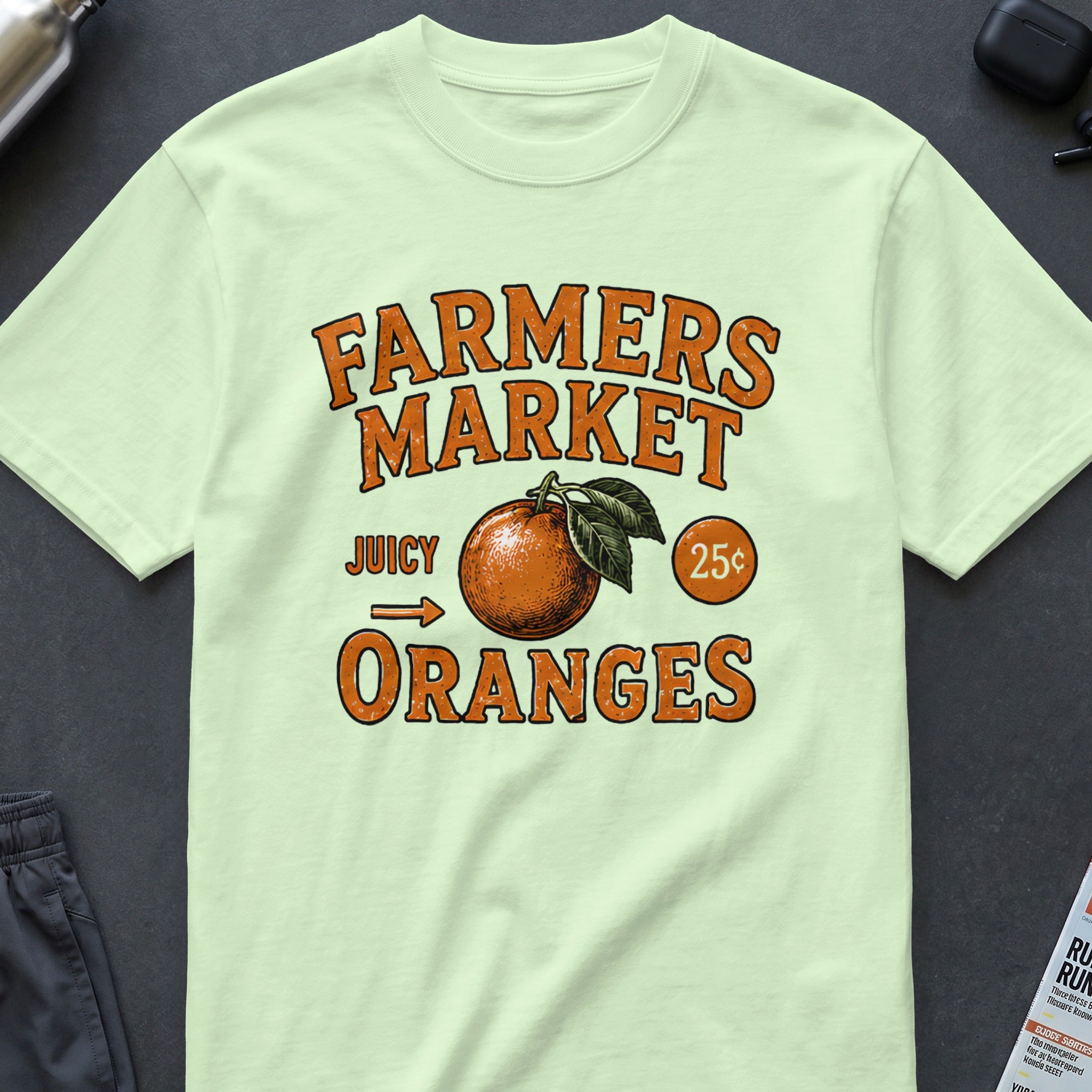 Farmers Market graphic with an orange and "Juicy Oranges 25¢" text.