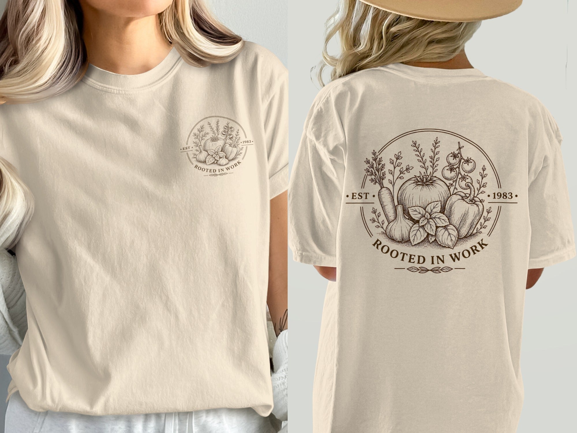 Cream t-shirt with "Rooted in Work" and vegetable graphic, EST 1983.