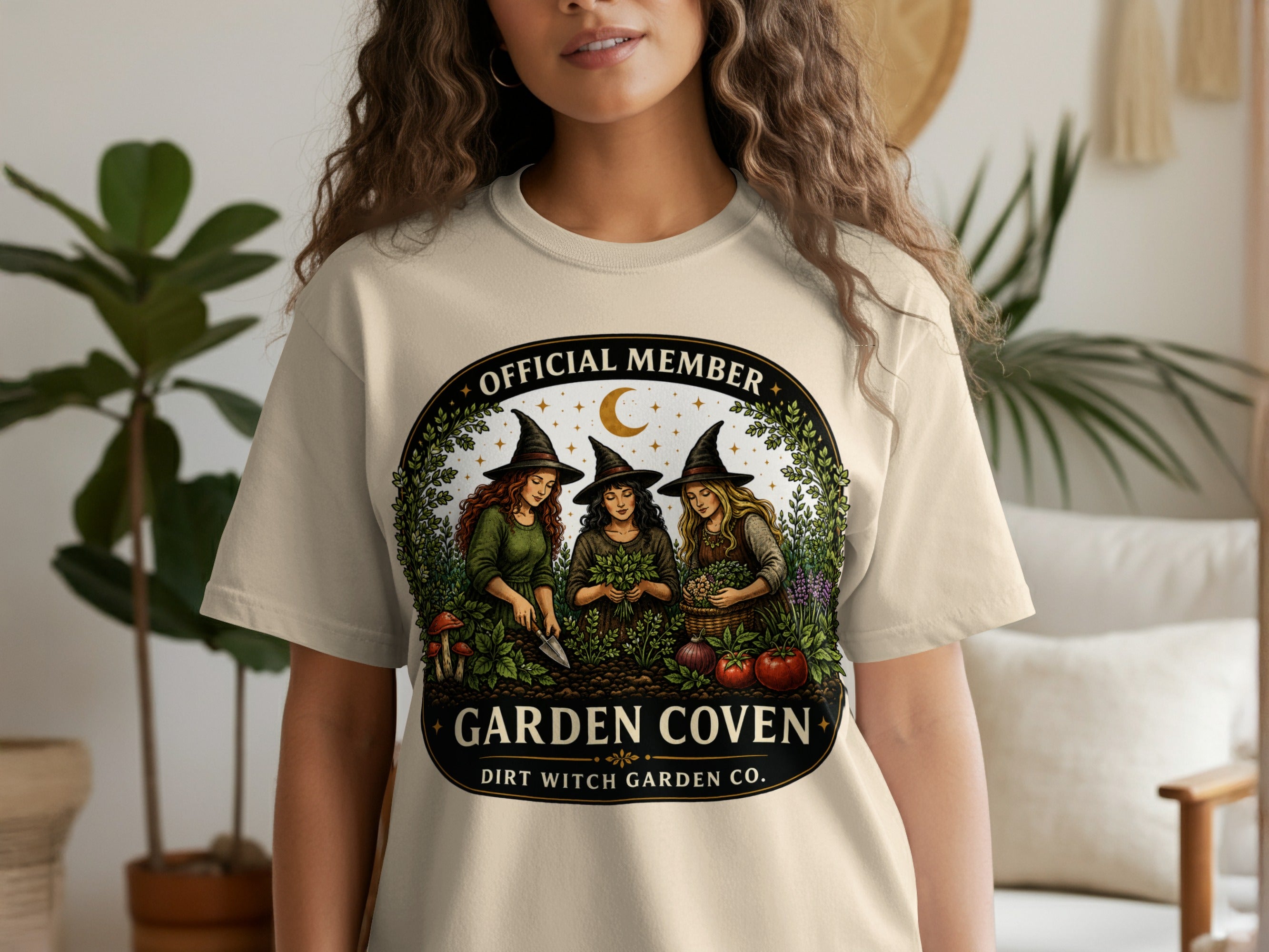 Official member Garden Coven Dirt Witch Garden Co. on beige t-shirt.