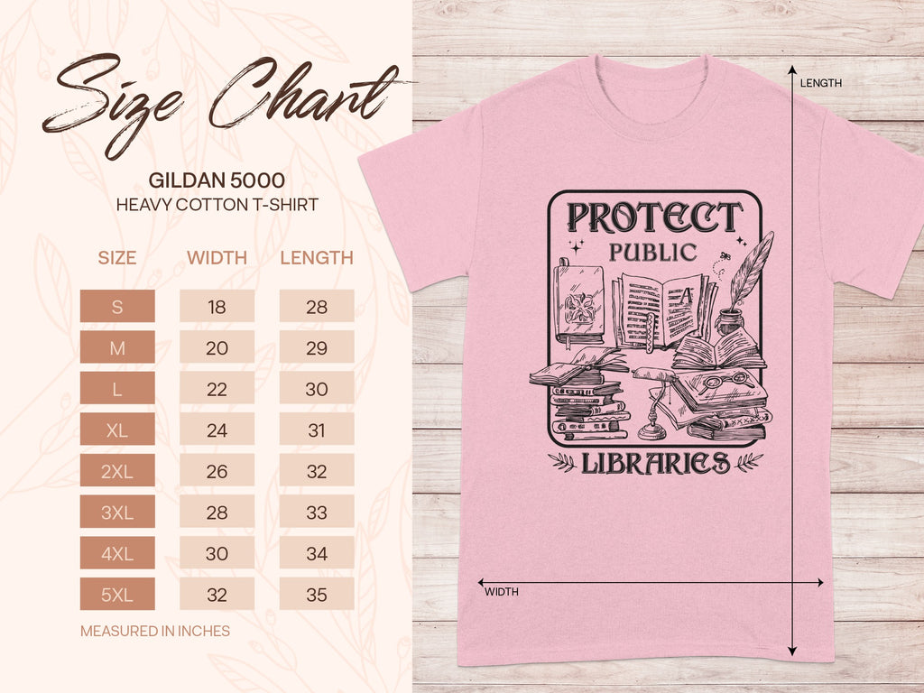 Pink t-shirt with "Protect Public Libraries" graphic and Gildan 5000 size chart.