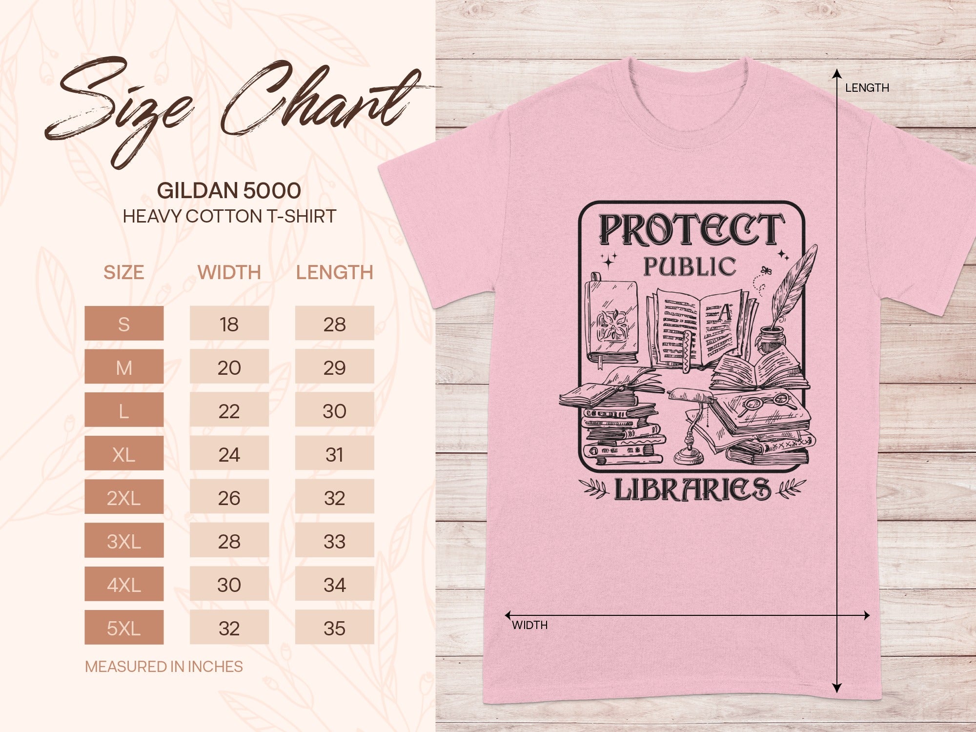 Pink t-shirt with "Protect Public Libraries" graphic and Gildan 5000 size chart.