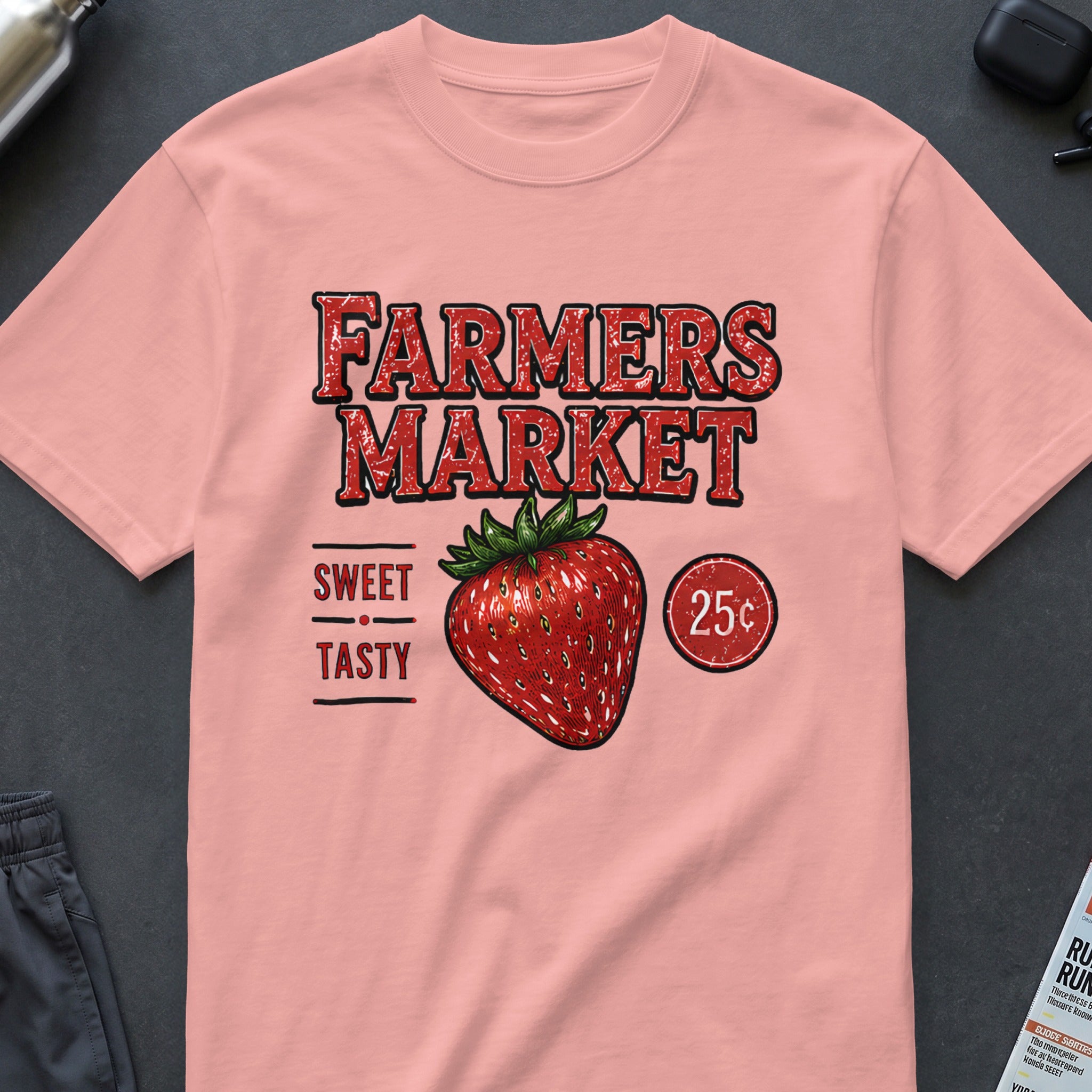 Pink t-shirt with "Farmers Market" text, strawberry, and "25¢" graphic.