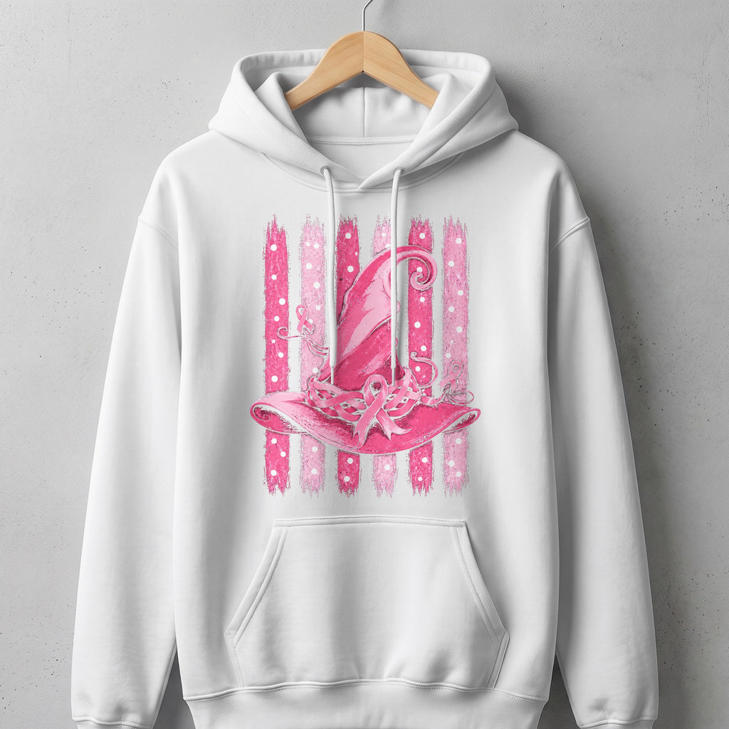 White hoodie with pink witch hat graphic and breast cancer awareness ribbons.