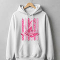 White hoodie with pink witch hat graphic and breast cancer awareness ribbons.