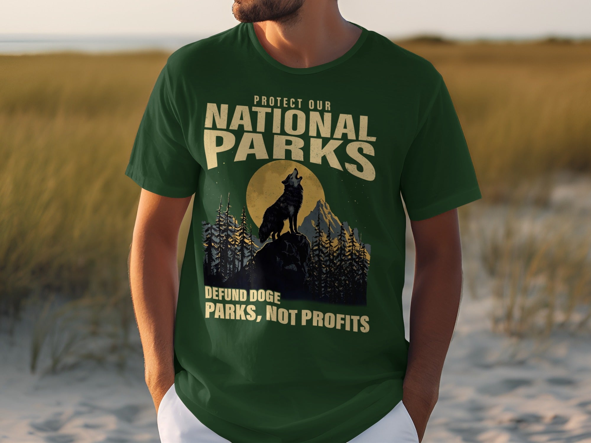 Green t-shirt with "Protect Our National Parks" and wolf graphic.