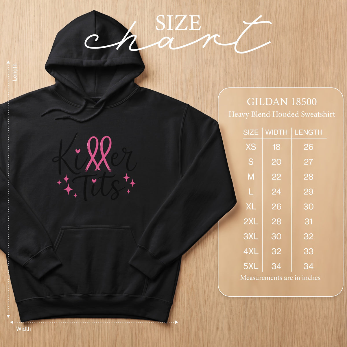 Black Gildan 18500 hooded sweatshirt with "Killer Tits" graphic and size chart.
