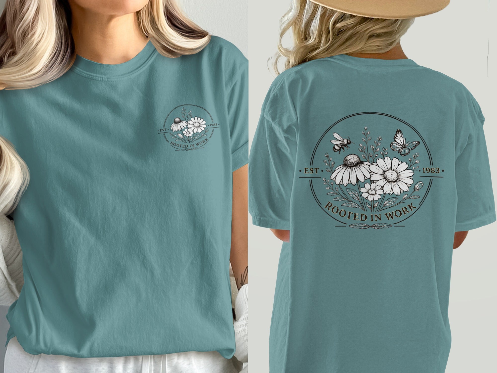 Teal t-shirt with floral graphic and "Rooted in Work" text.