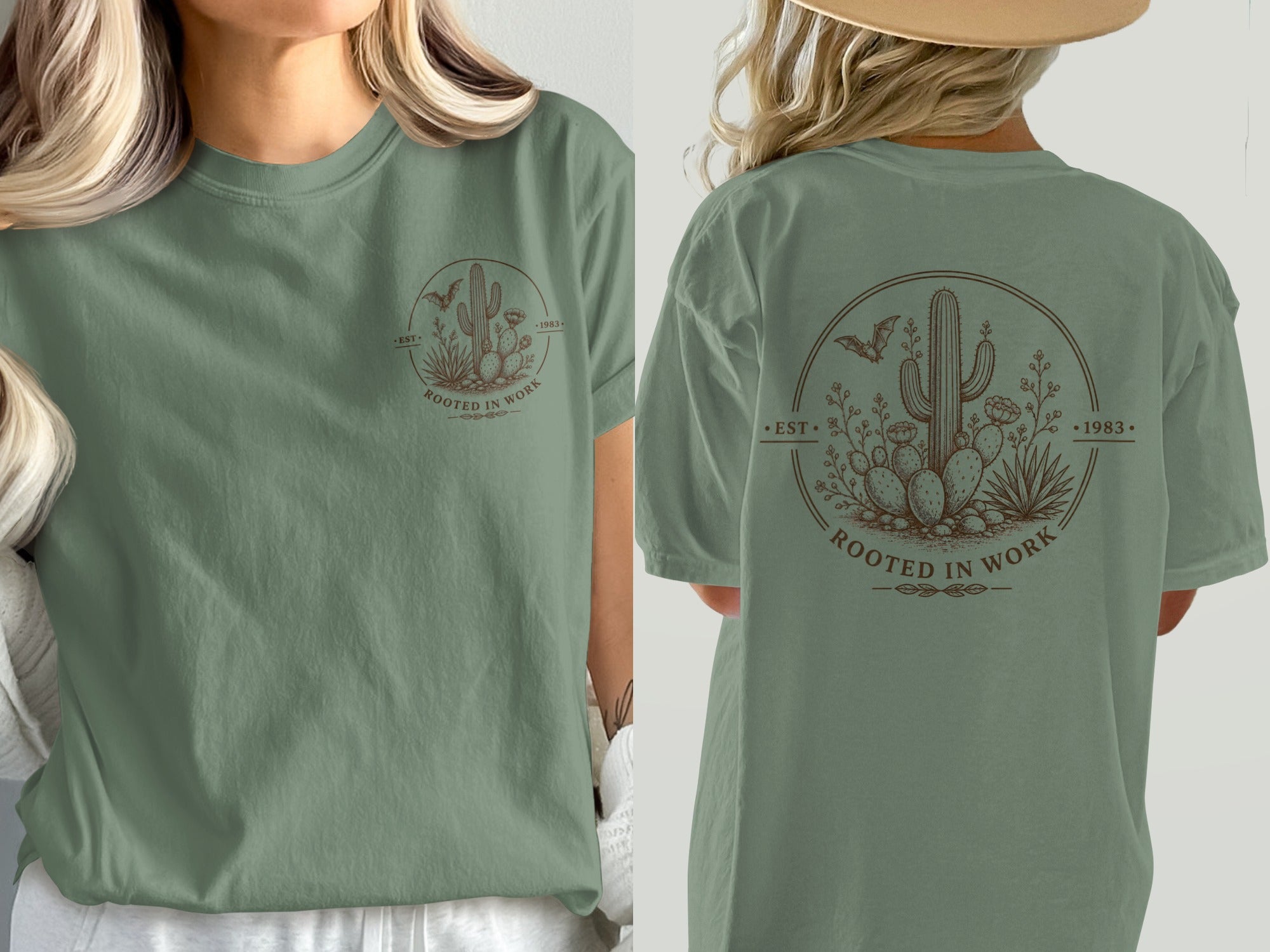Green t-shirt with desert graphic and "Rooted in Work 1983" text.