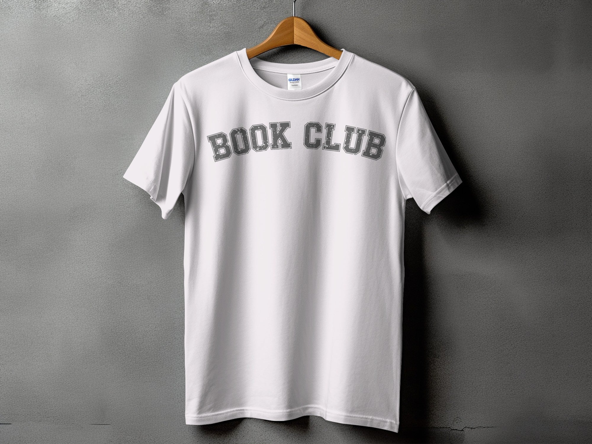 White t-shirt with distressed "BOOK CLUB" text in grey arch.