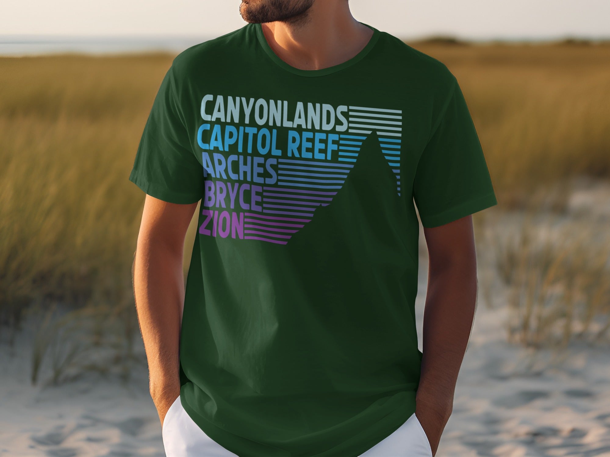 Green t-shirt with printed list of US National Parks and mountain graphic