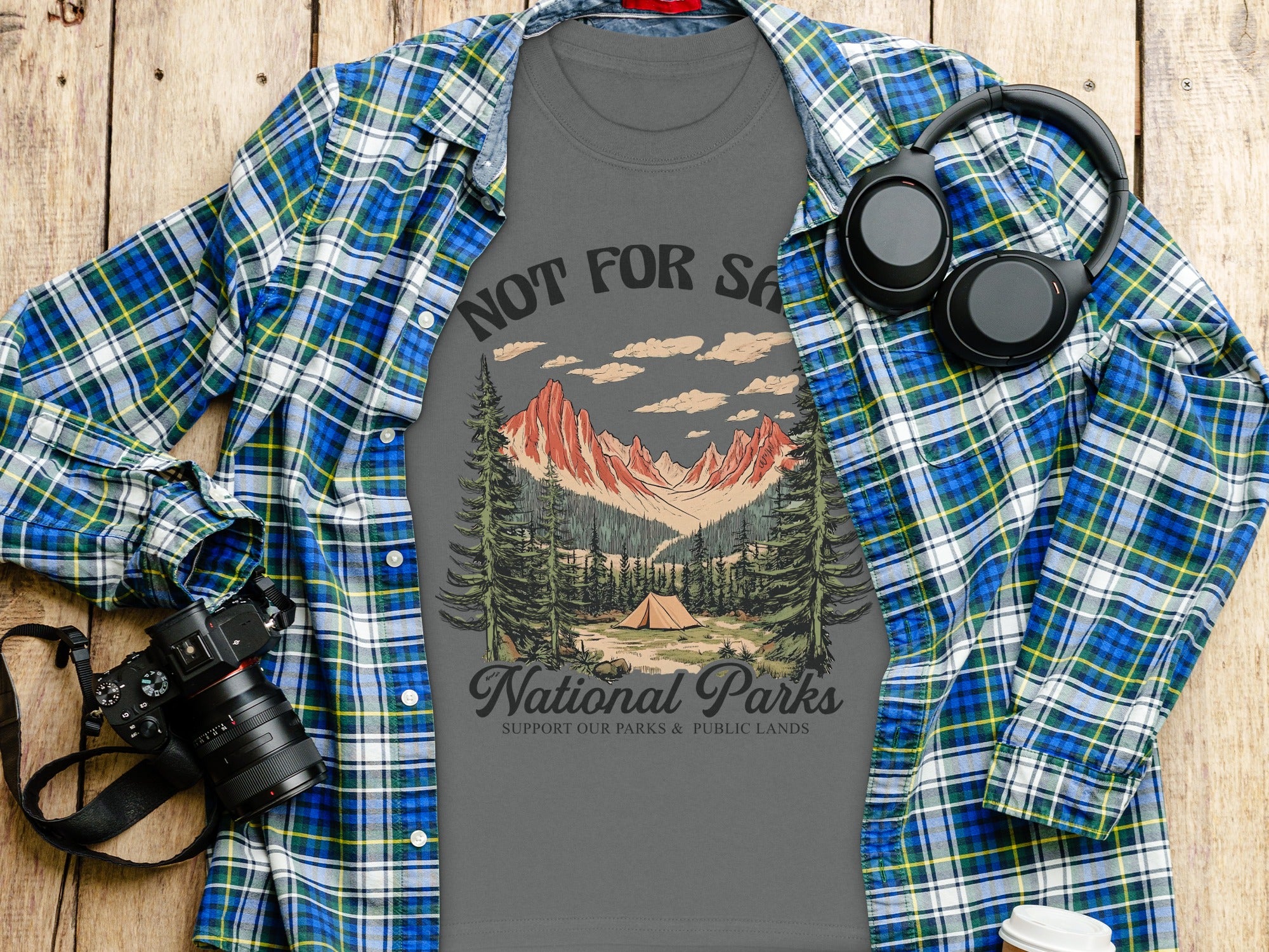 Gray t-shirt with "National Parks" mountain graphic, plaid shirt, headphones, and camera.