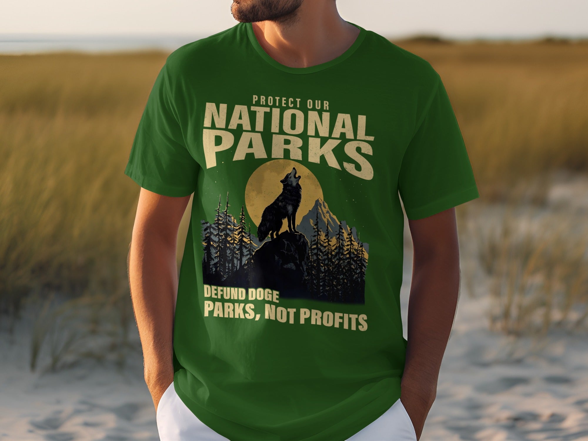 Green t-shirt with "Protect Our National Parks" and a howling wolf design.
