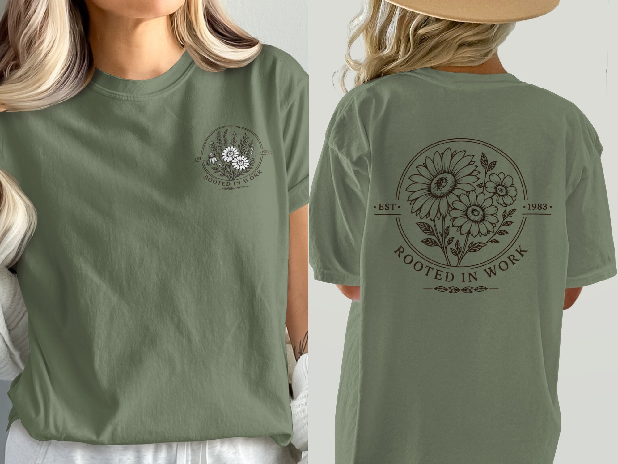 Olive green t-shirt with circular floral design and text.