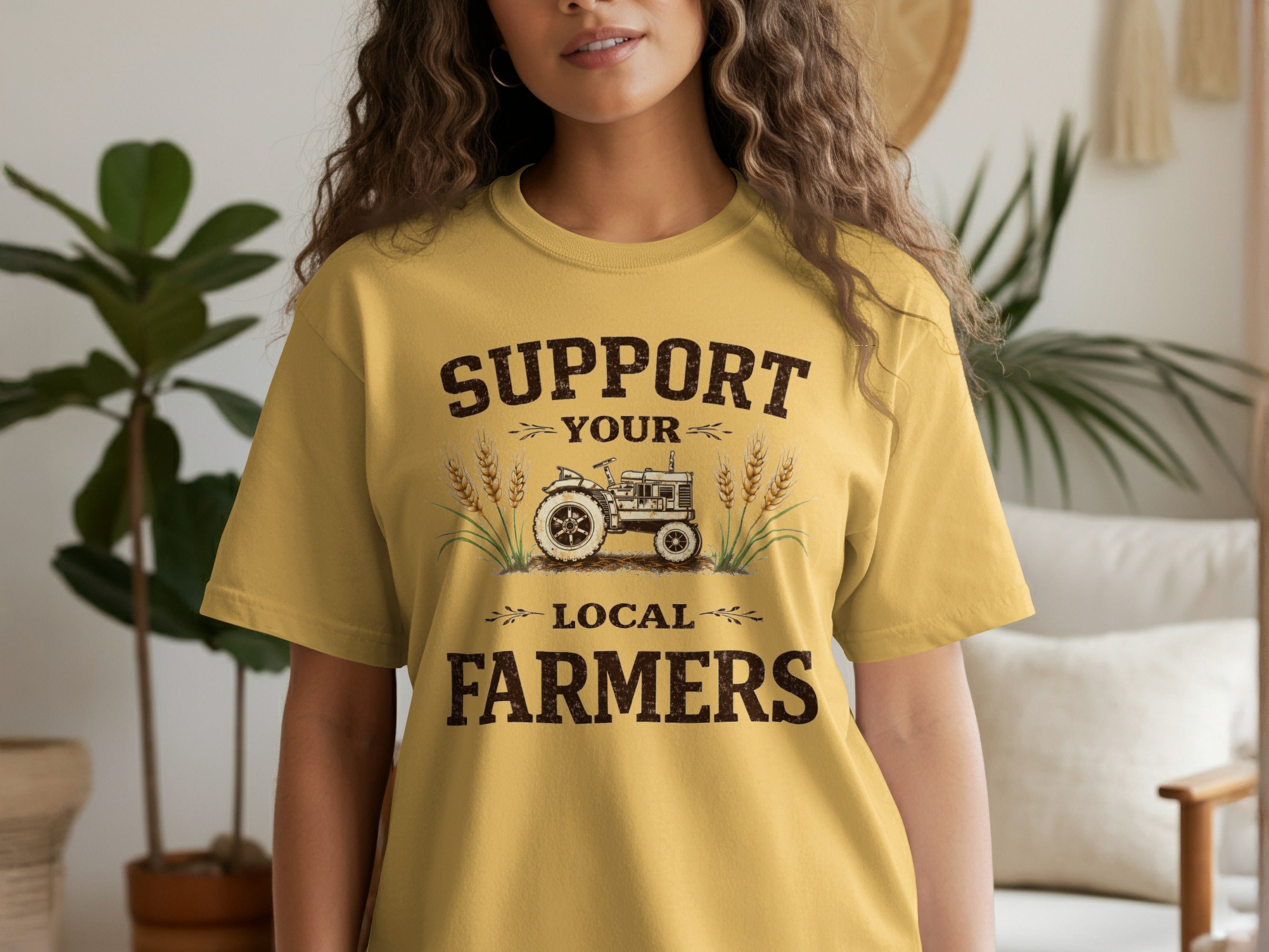 Yellow t-shirt with "Support Your Local Farmers" and a tractor graphic.