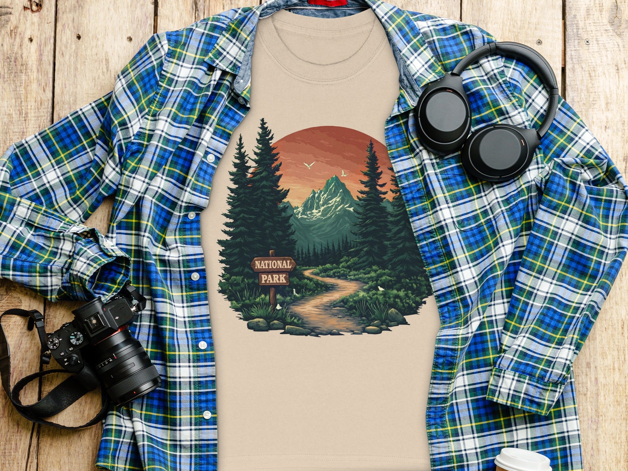 T-shirt with national park graphic, camera, headphones, and coffee cup on wooden surface.