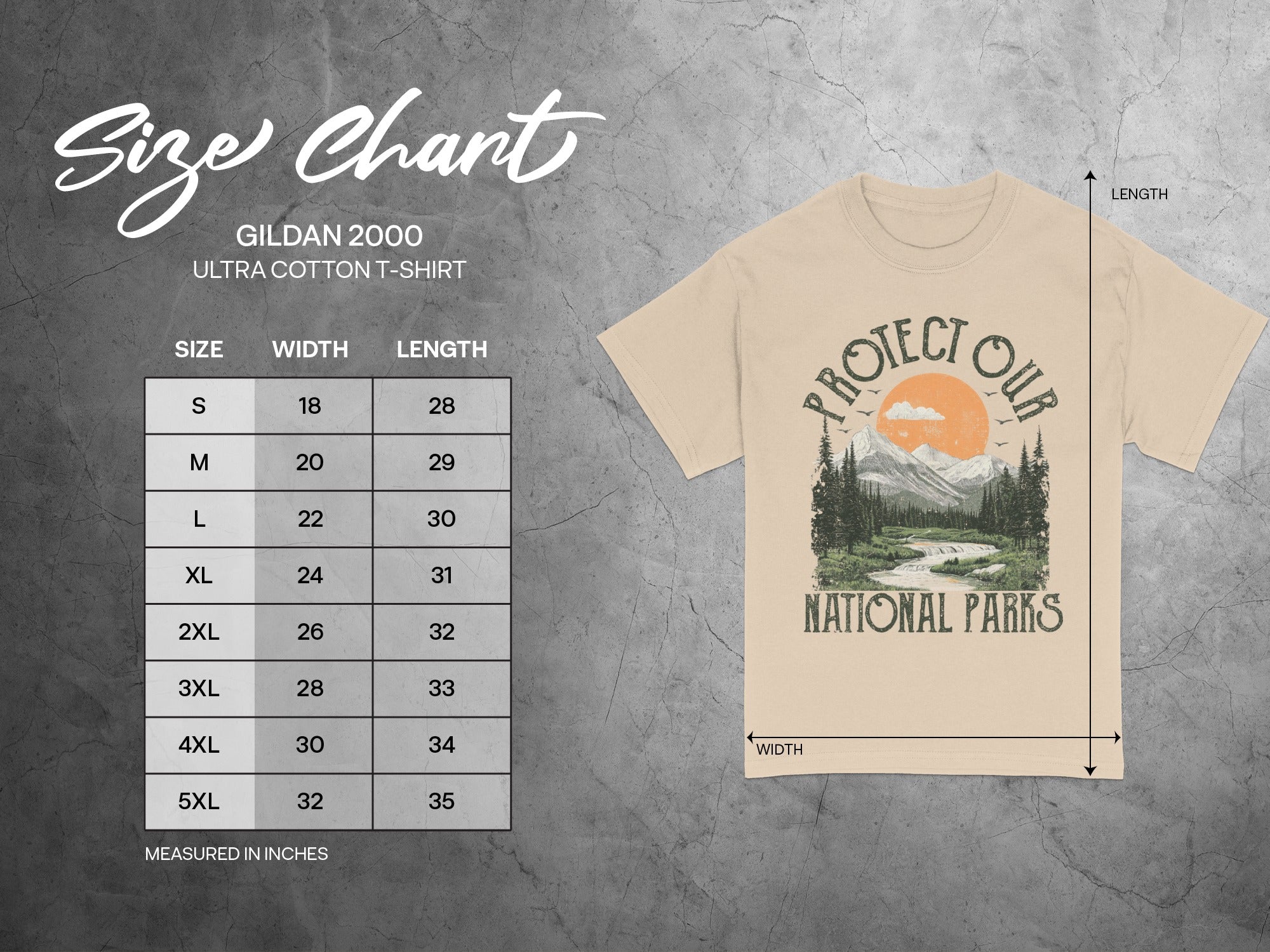 Gildan 2000 size chart for Ultra Cotton t-shirt, with measurements in inches.