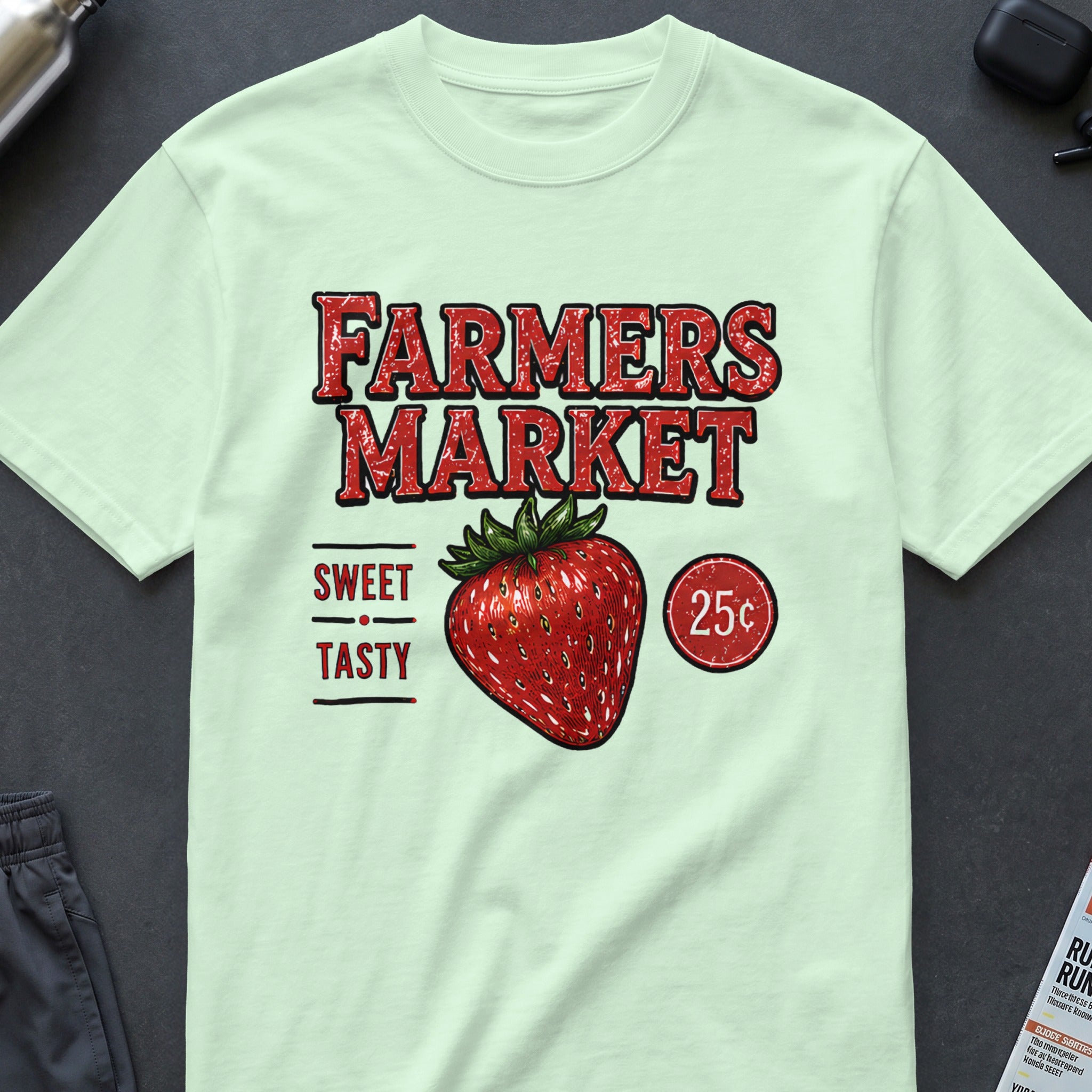 T-shirt with "Farmers Market" text, strawberry illustration, and "25c".
