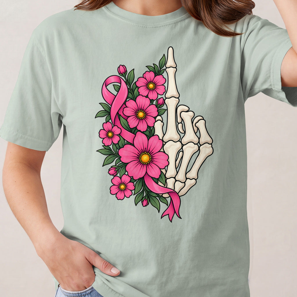 Skeleton hand with pink ribbon and flowers on a mint t-shirt.
