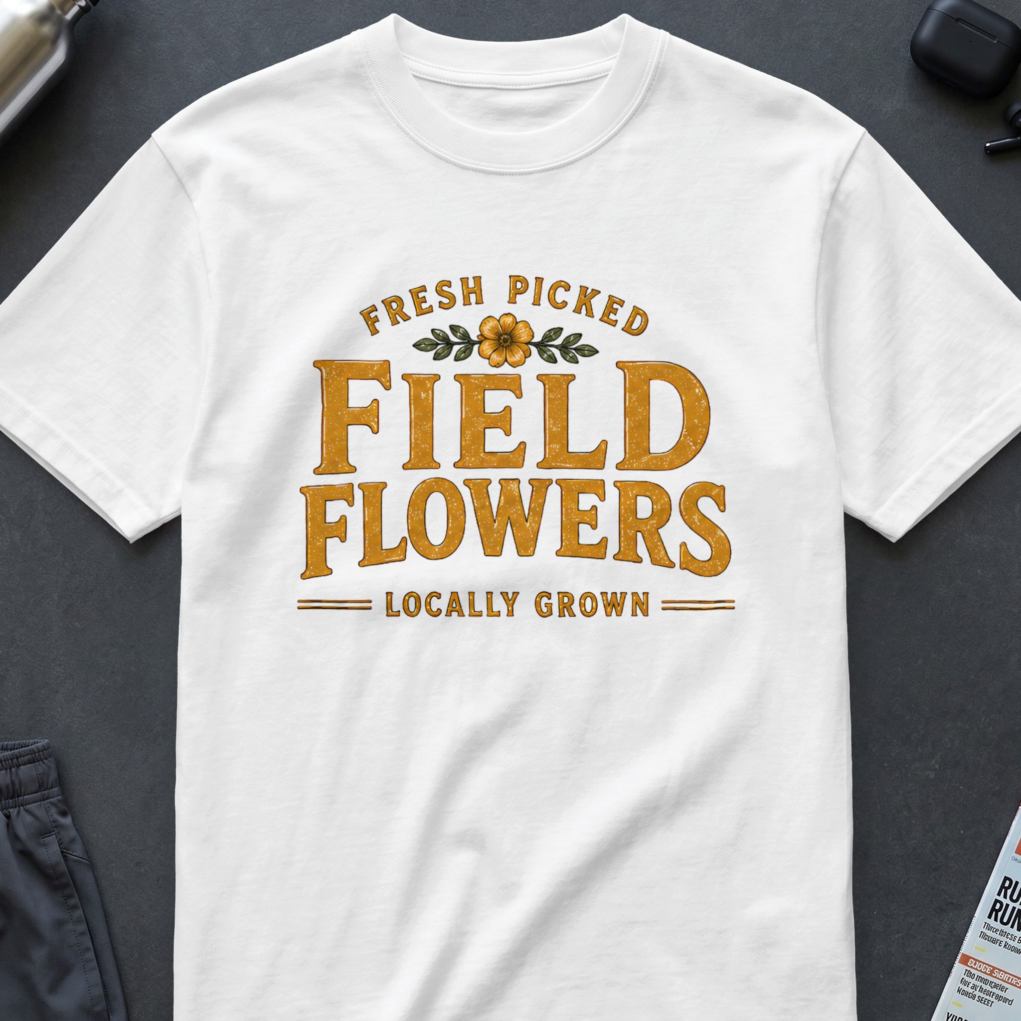 White t-shirt with "FRESH PICKED FIELD FLOWERS LOCALLY GROWN" graphic.