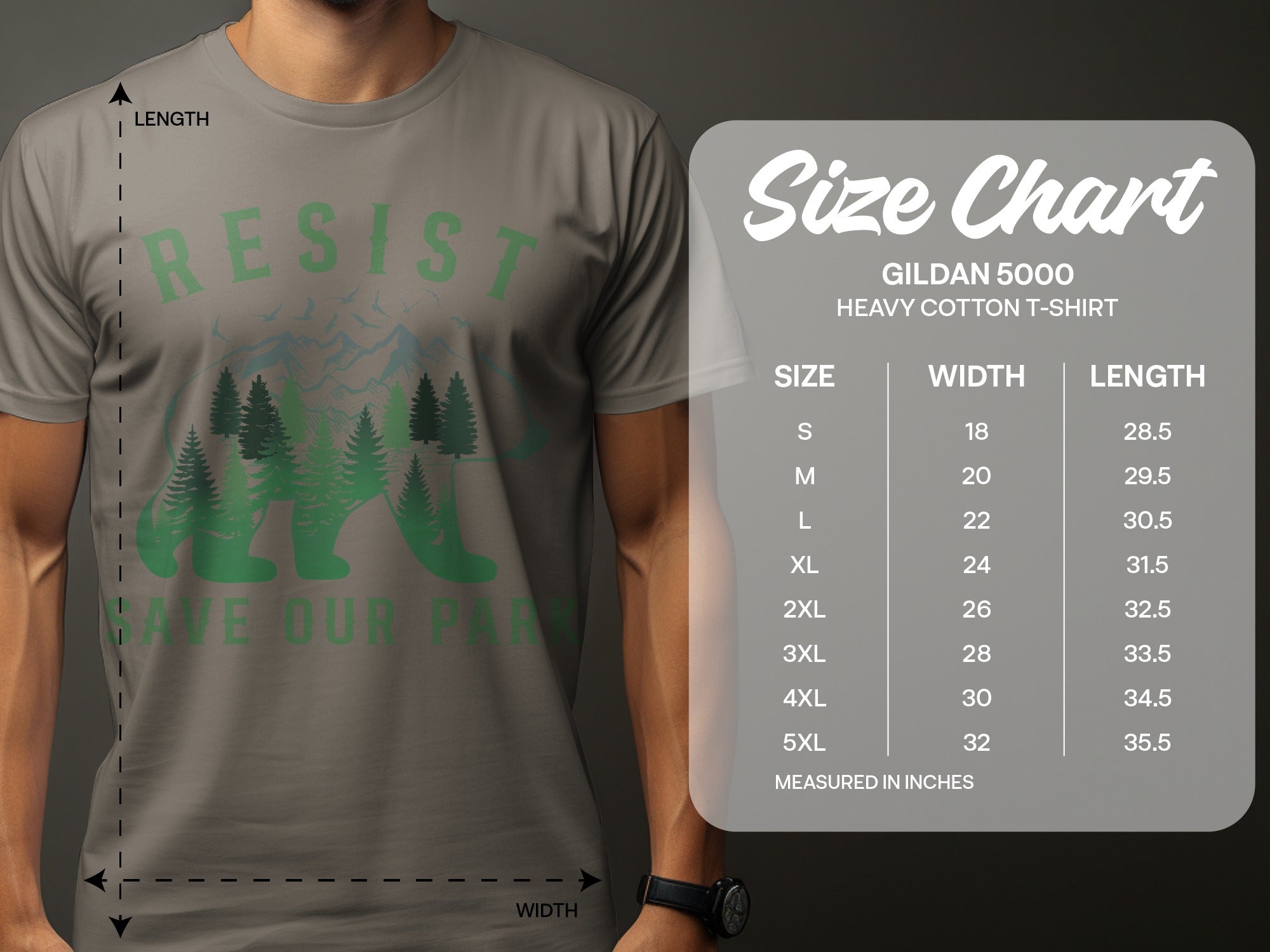 Gildan 5000 T-shirt size chart with width and length measurements in inches.