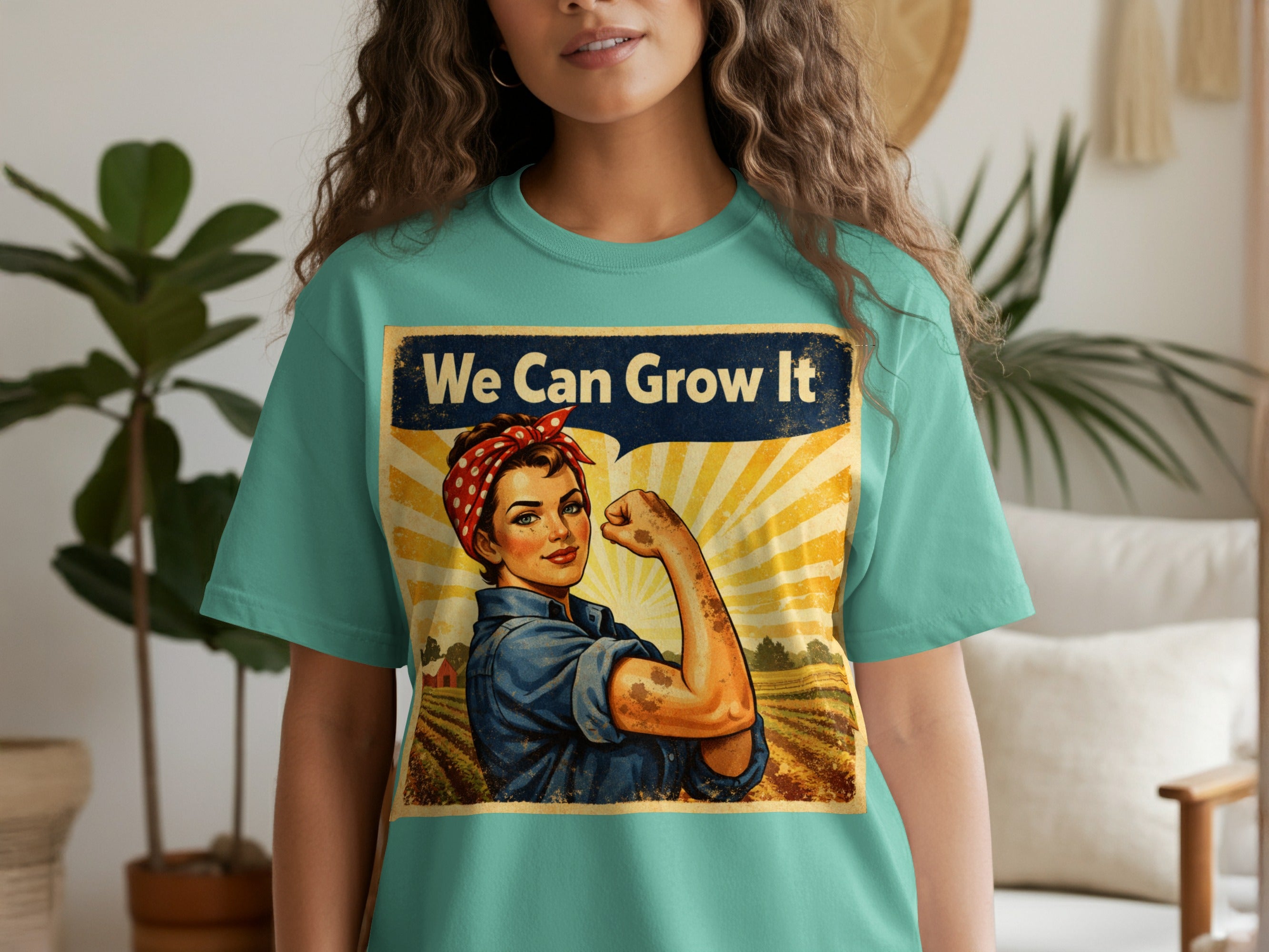 Woman flexing arm with text "We Can Grow It" over farm field and sunburst.