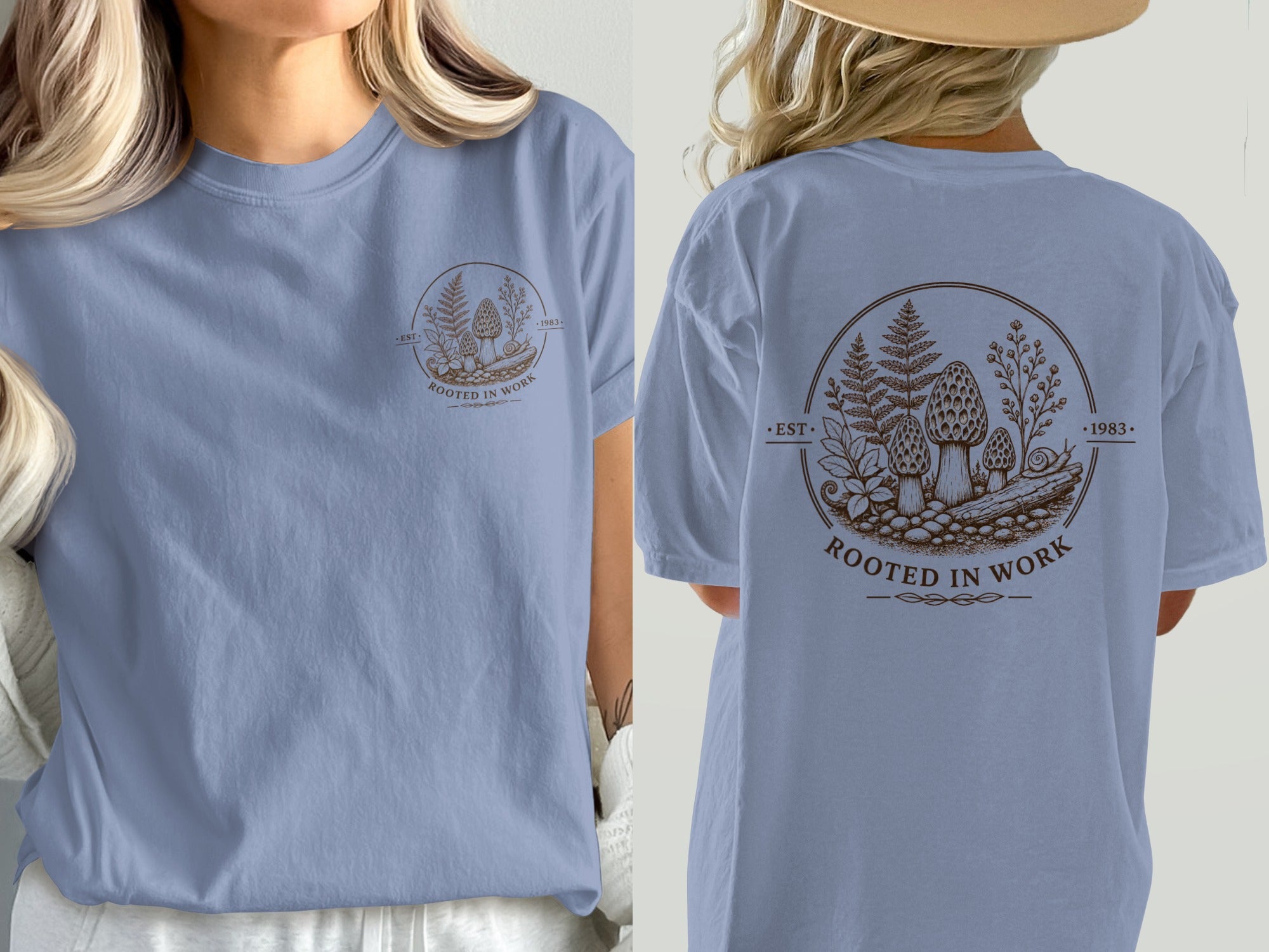 Blue t-shirt front and back with brown mushroom and fern graphic.