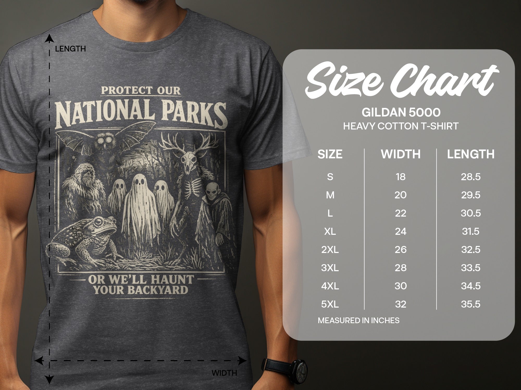 T-shirt with National Parks graphic, ghosts, Bigfoot, and frog. Includes size chart.